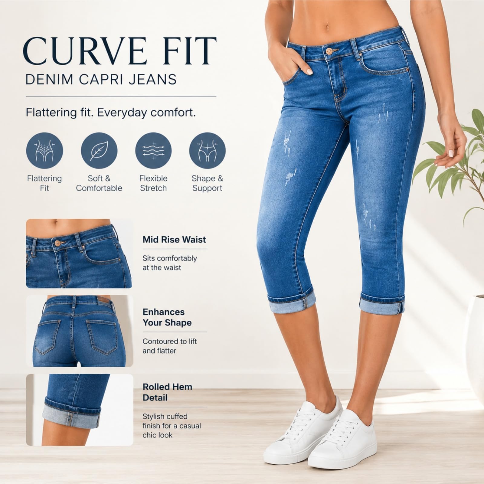 Jeans da Donna Slim-Fit Strappati con Risvolto | Jeans cropped elasticizzati a vita media con effetto vissuto, modello slim fit con baffature e risvolto sul fondo