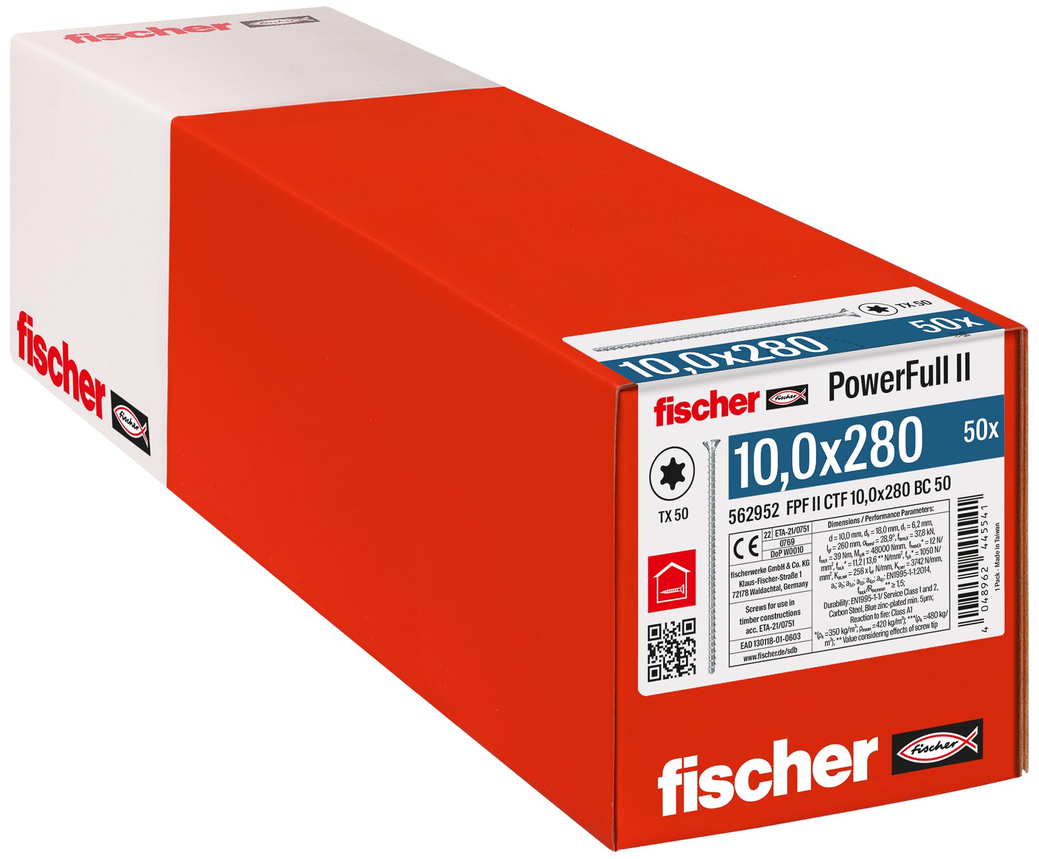 fischer PowerFull II 10.0 x 280, Premium Fully Threaded Screw (Pack of 50) with Innovative Tip Geometry