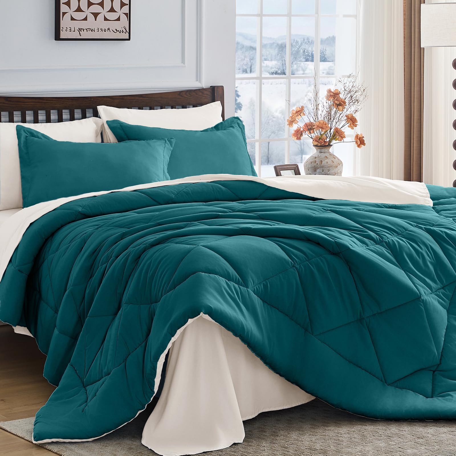 HEVUMYI 5-Piece Twin Comforter Set, Peacock Blue &amp; Ivory Bed in a Bag