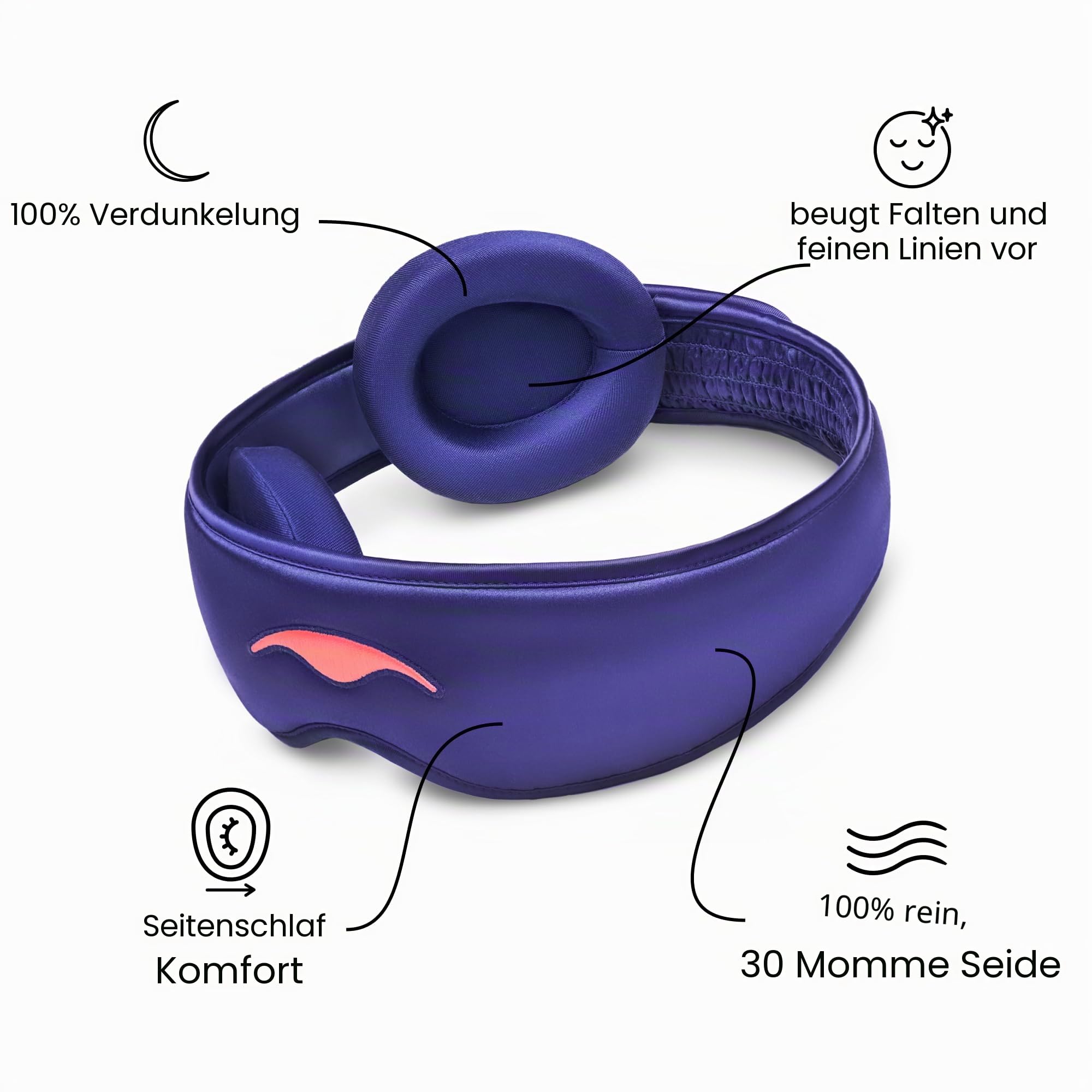 Manta Silk Schlafmaske - luxuriöse, atmungsaktive Seide, sanft zu Haut und Haaren, verstellbarer Riemen, konische Passform