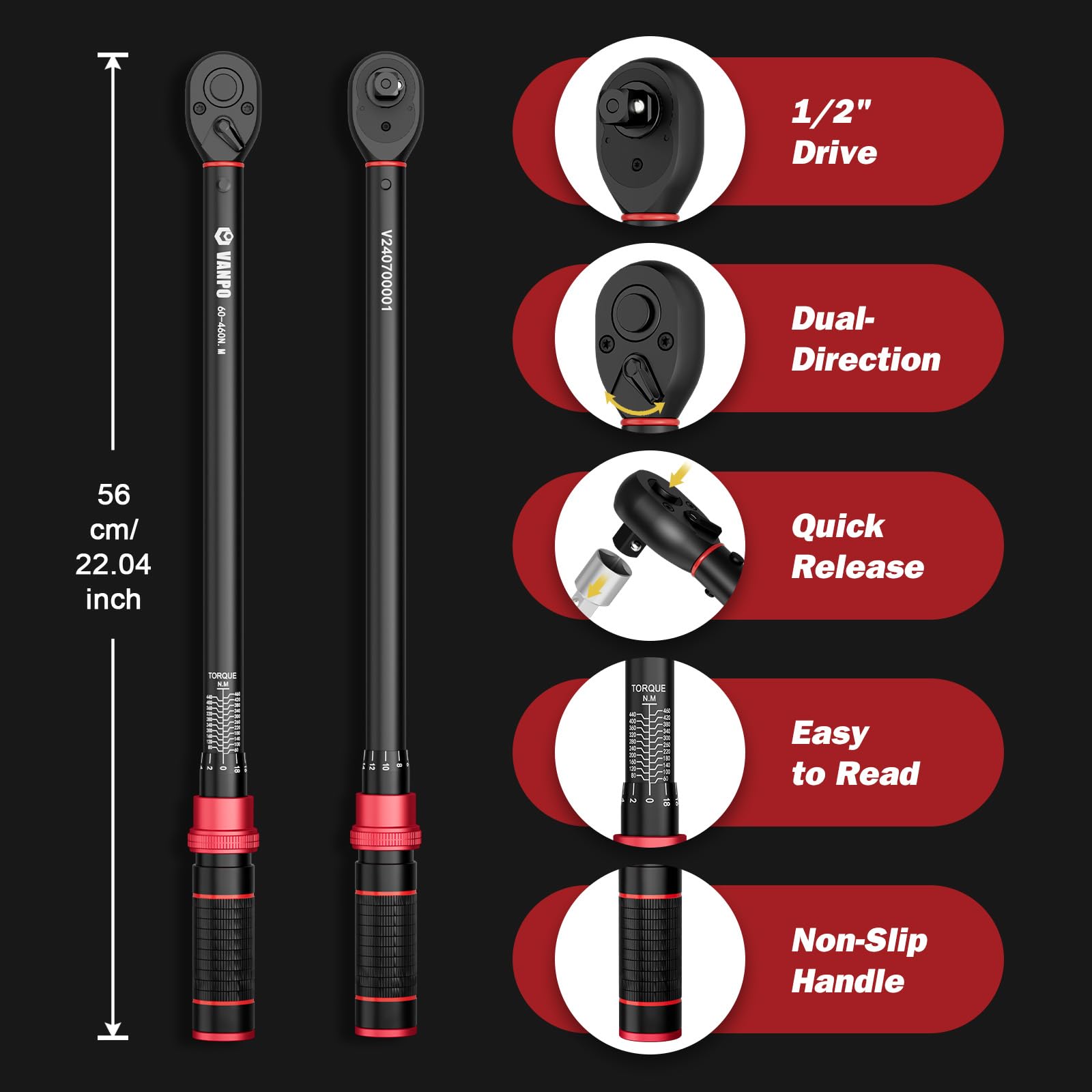 VANPO 1/2 Inch Torque Wrench 60-460 Nm, 72 Teeth Car & Motorcycle Torque Wrench Set 3 Pieces with 125 mm Extension Rod - Image 4