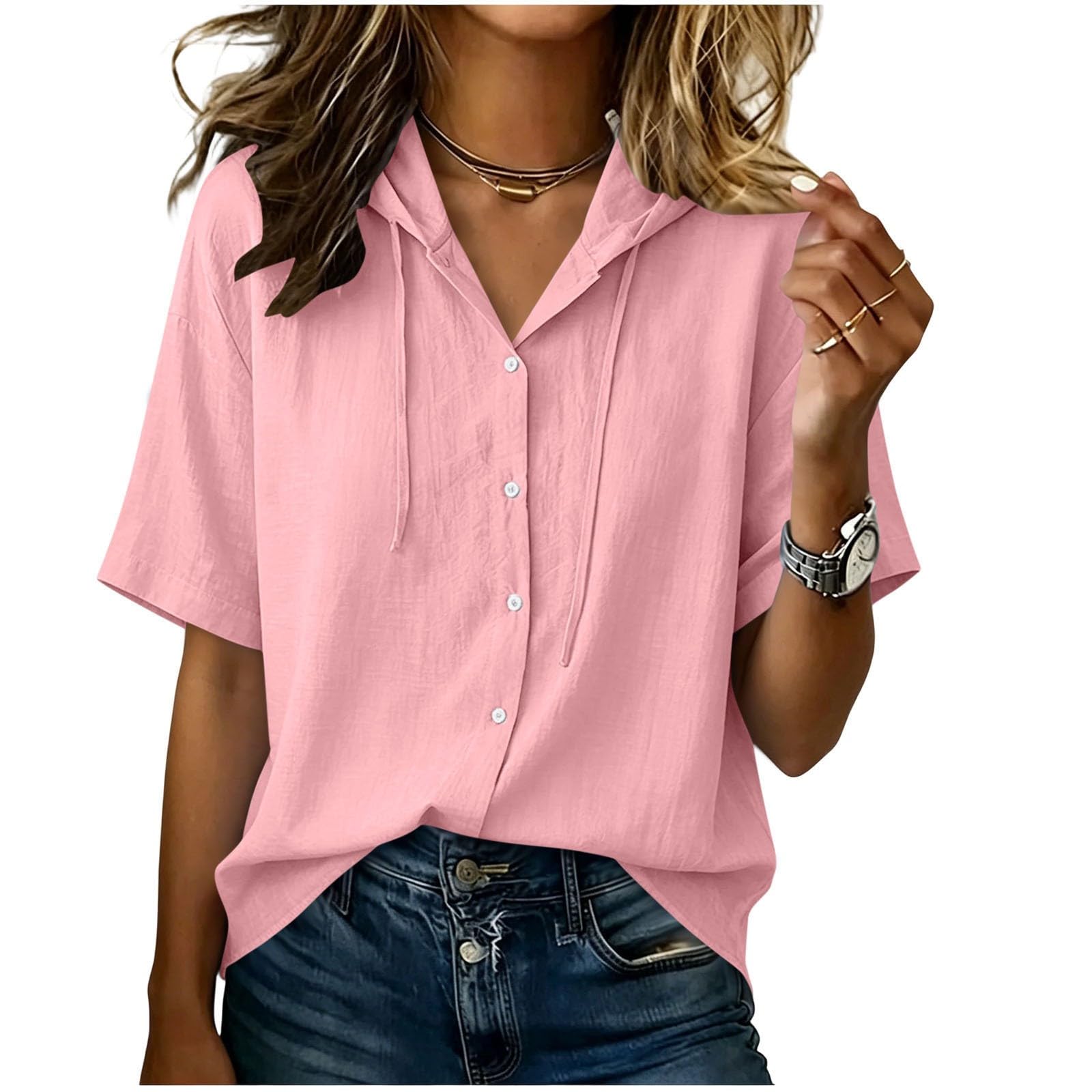 Maglia estiva da donna con cappuccio, a maniche corte, tinta unita