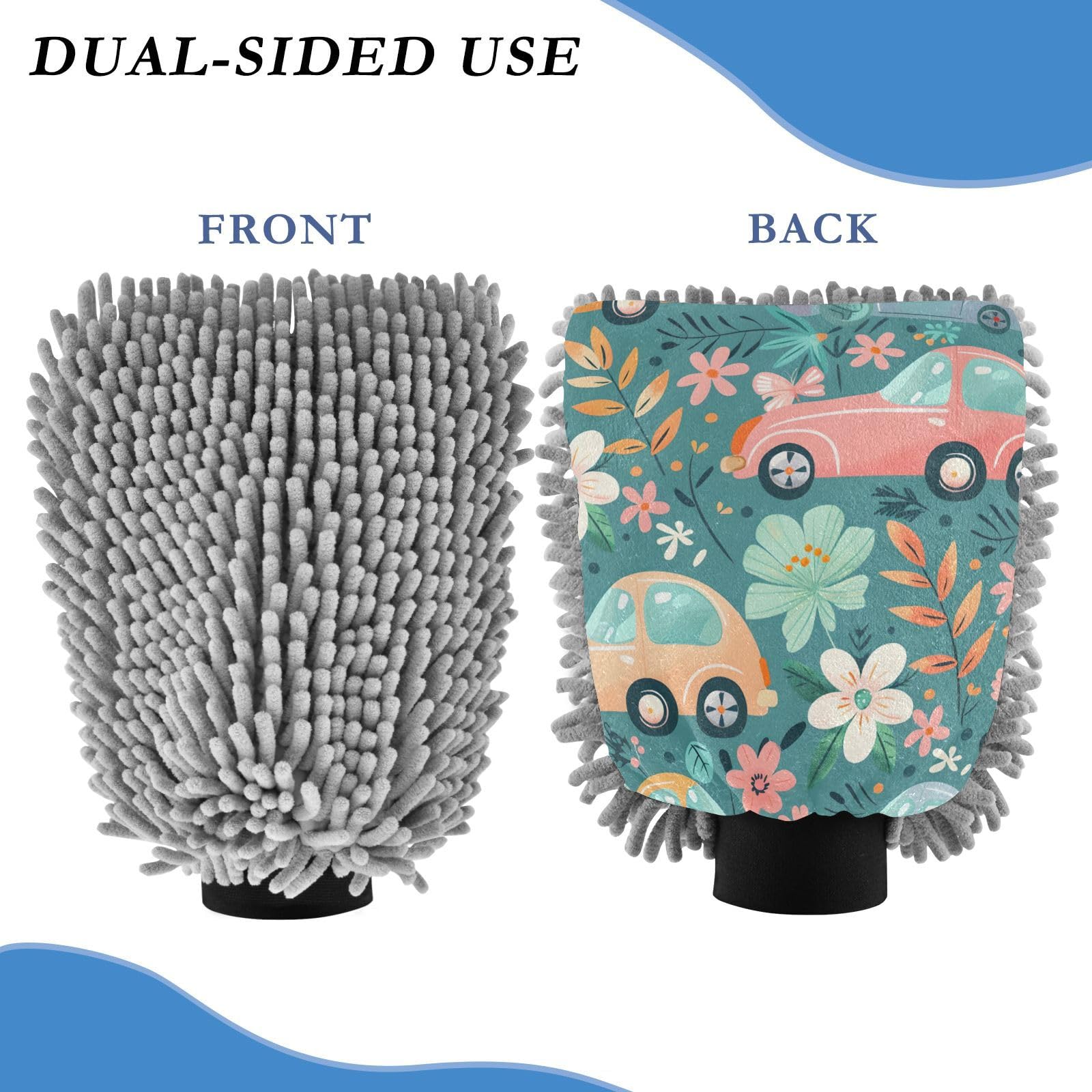 IOACIY Absorbent Microfiber Car Wash Drying Mitts, 2 Pack, Scratch-Free & Lint-Free, Rich Foam, Highly Absorbent, Double Sided, Wash Mitt Perfect for Car Washing, M, Cartoon Car Pattern (5)