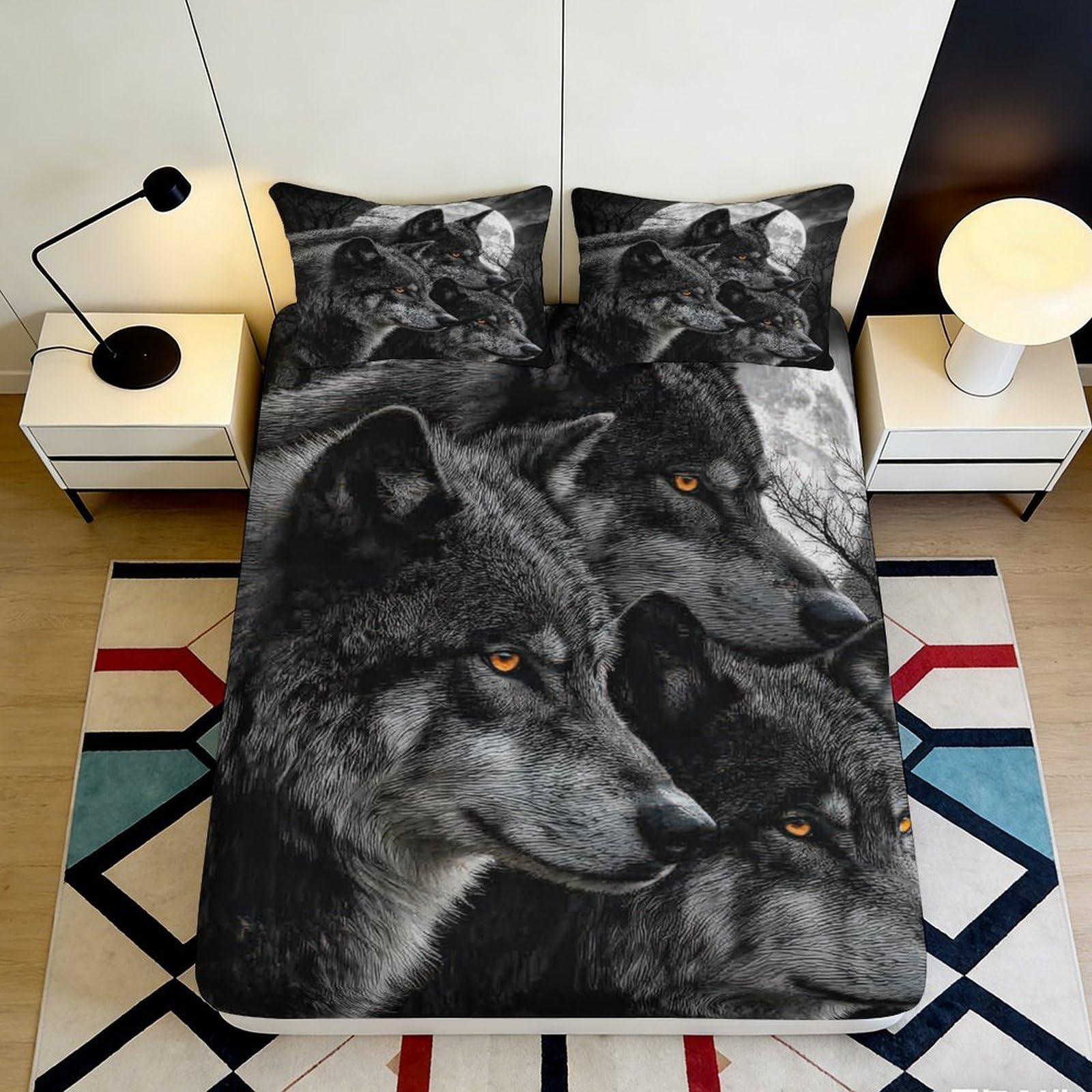 3D Printed Wolf Design Fitted Sheet Microfiber Soft Breathable Moonlight Mattress Cover for Bedroom Dormitory Guest Room Protection Decor 180x200x25cm