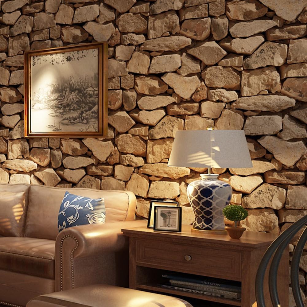 Beswitory 3D Effect Stone Texture Wallpaper Roll - Non-Woven Retro Decoration for Bedrooms, TV Wall, Living Room - Realistic Rustic Modern Accent