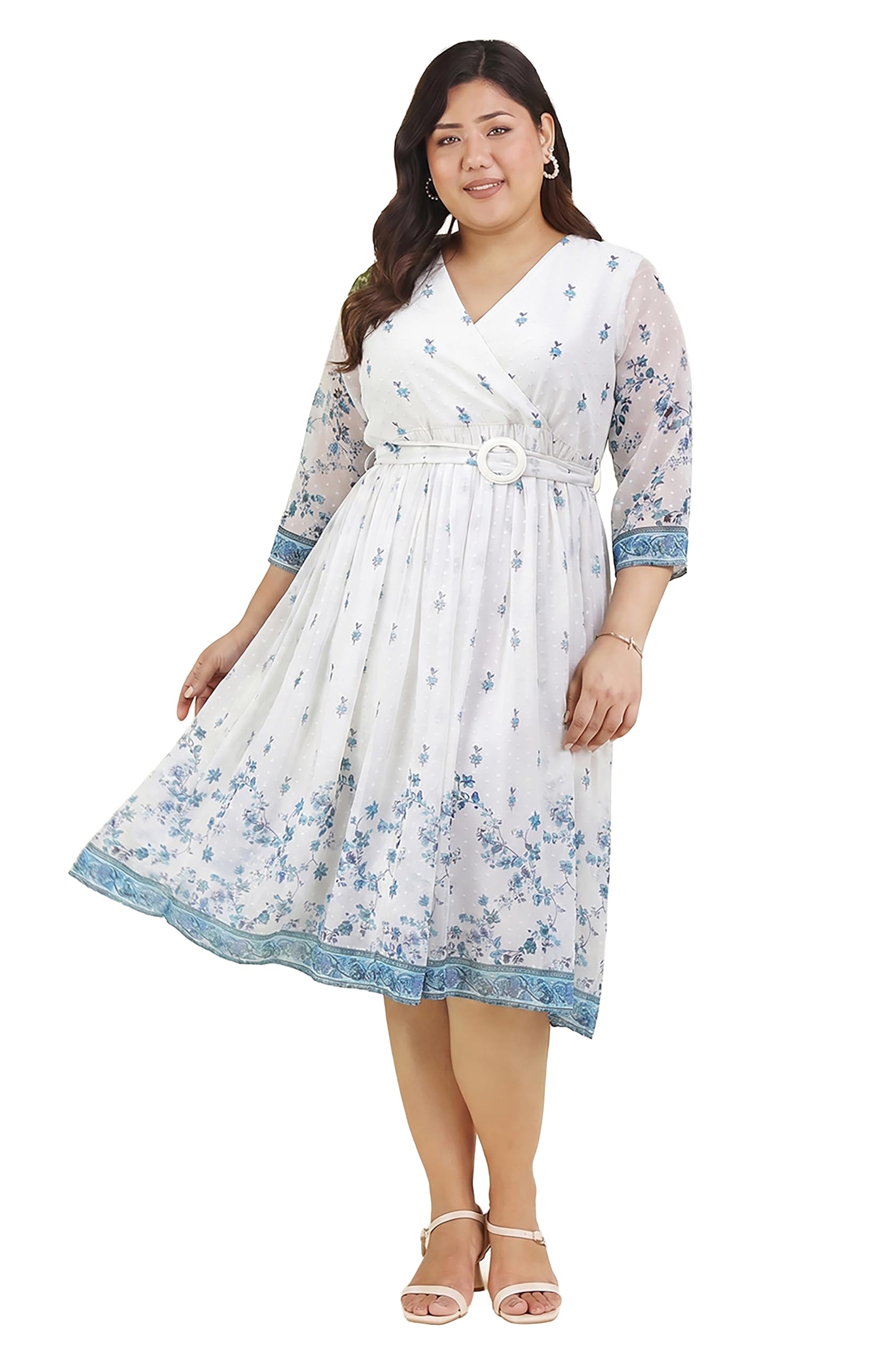 janasya Women's Plus Size White Dobby Georgette Floral Printed Fit & Flare Dress-picture-10