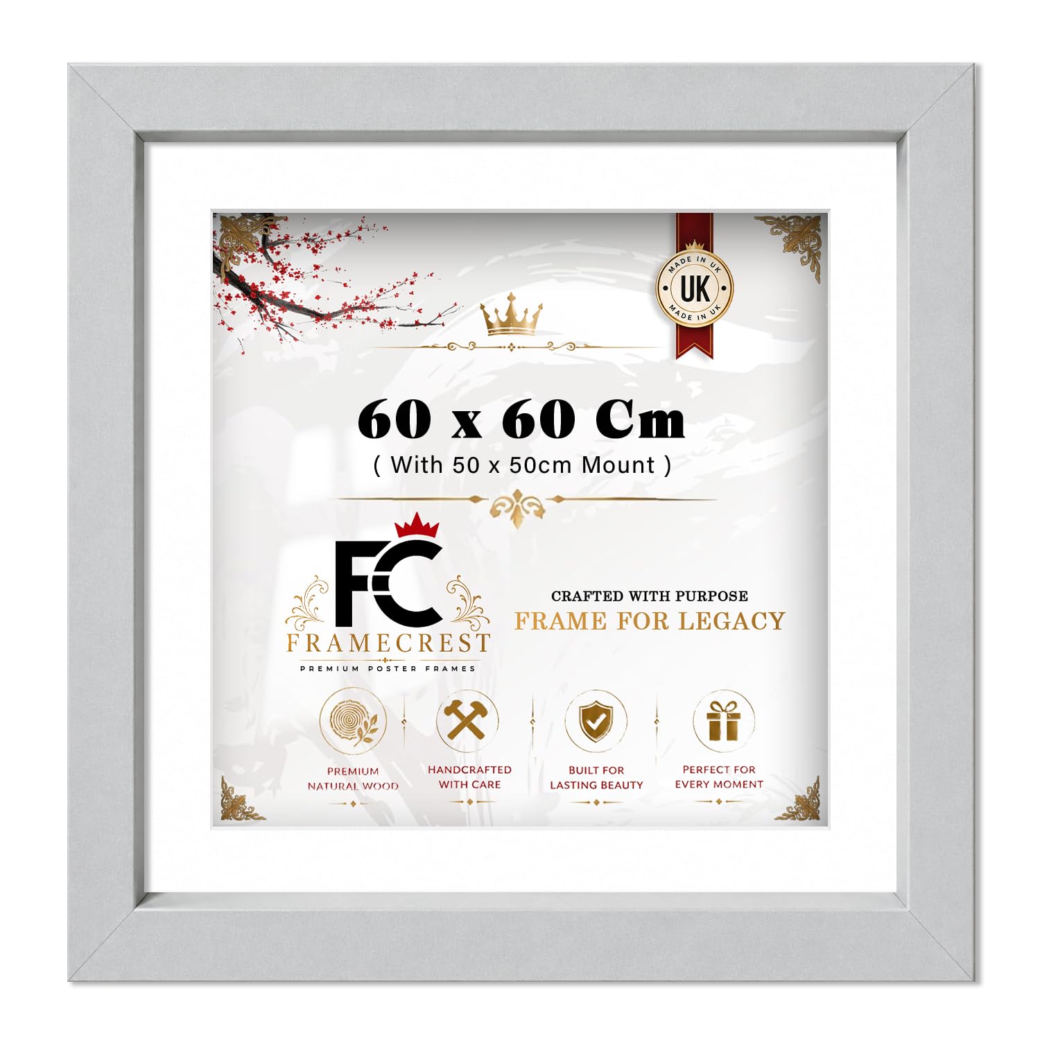 FRAMECREST LTD 60 X 60 CM Square Frame With 50 X 50 CM White Mount, Solid Wood Finish, Clear Perspex Cover For Poster Photo Art Print Portrait Or Landscape Gallery Display - [Light Grey]