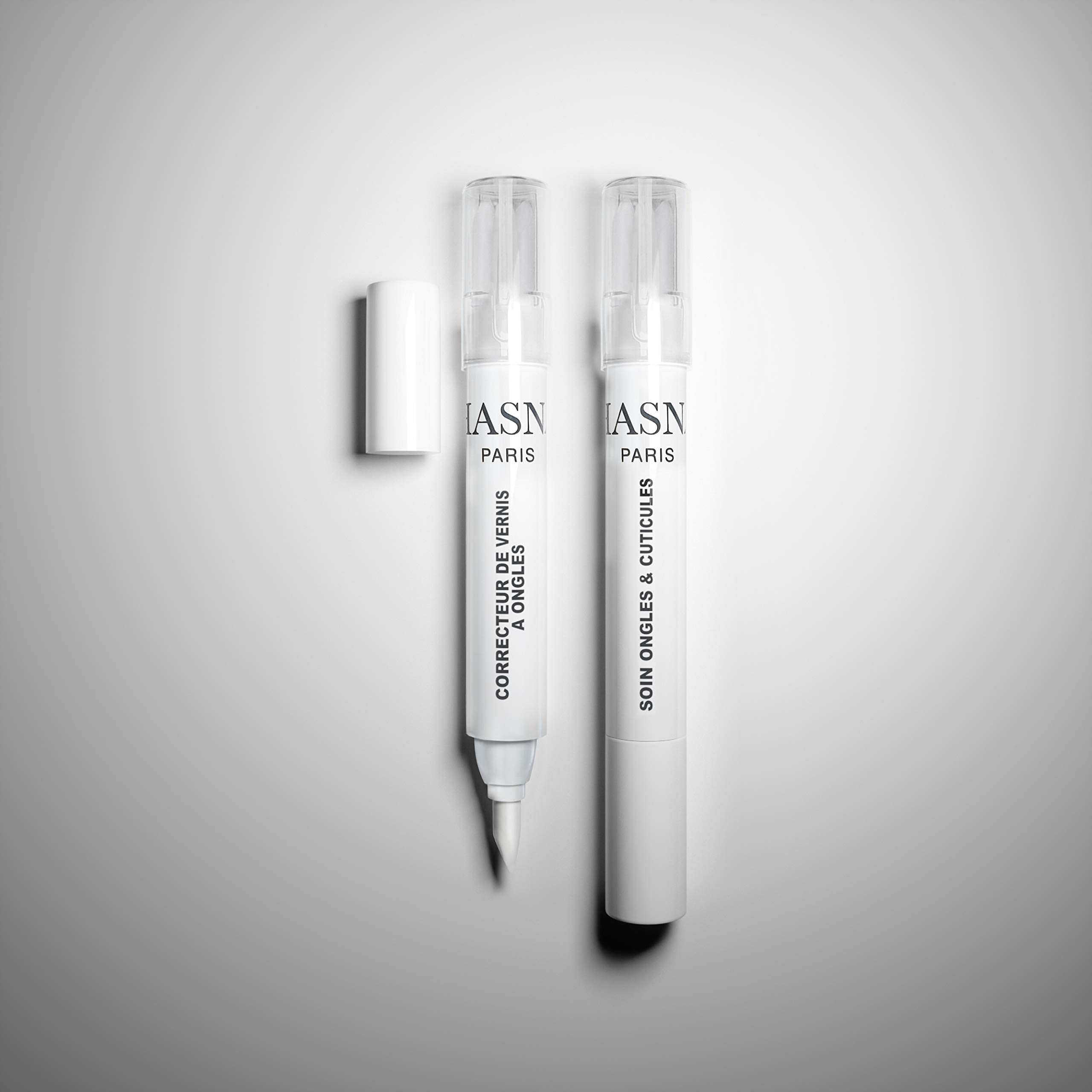 HASNA PARIS - DUO Stylos Correcteur vernis à ongles Dissolvant sans acétone avec pointes de rechange & Soins ongles cuticules réutilisable avec des pointes de rechange et un résultat parfait 2x3ml