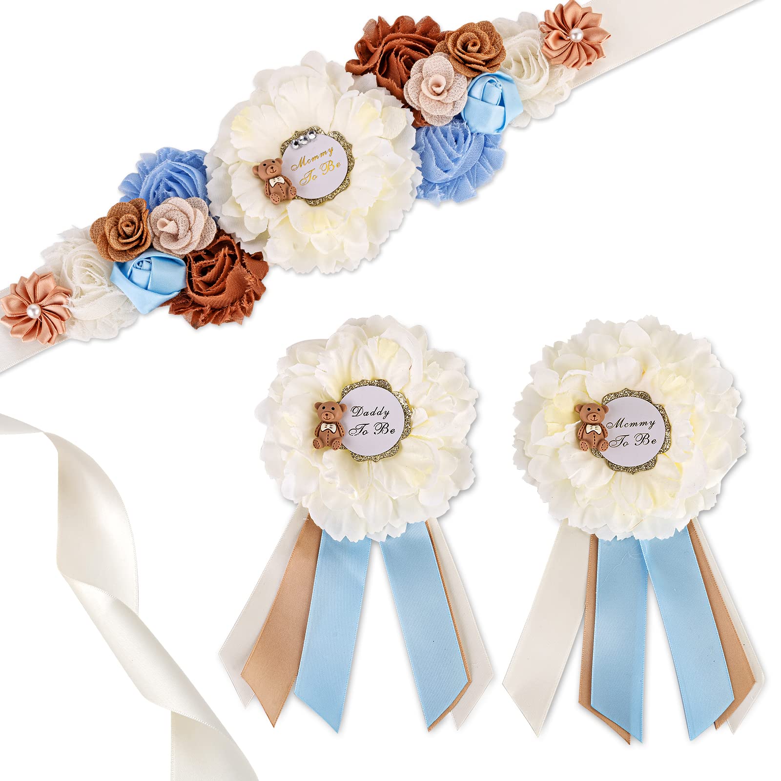 Hinparo Mom to be Sash, Mom to be and Dad to be Badge Pins for Blue Brown Bear Baby Shower Decoration Gender Reveals Favor Boy Girl