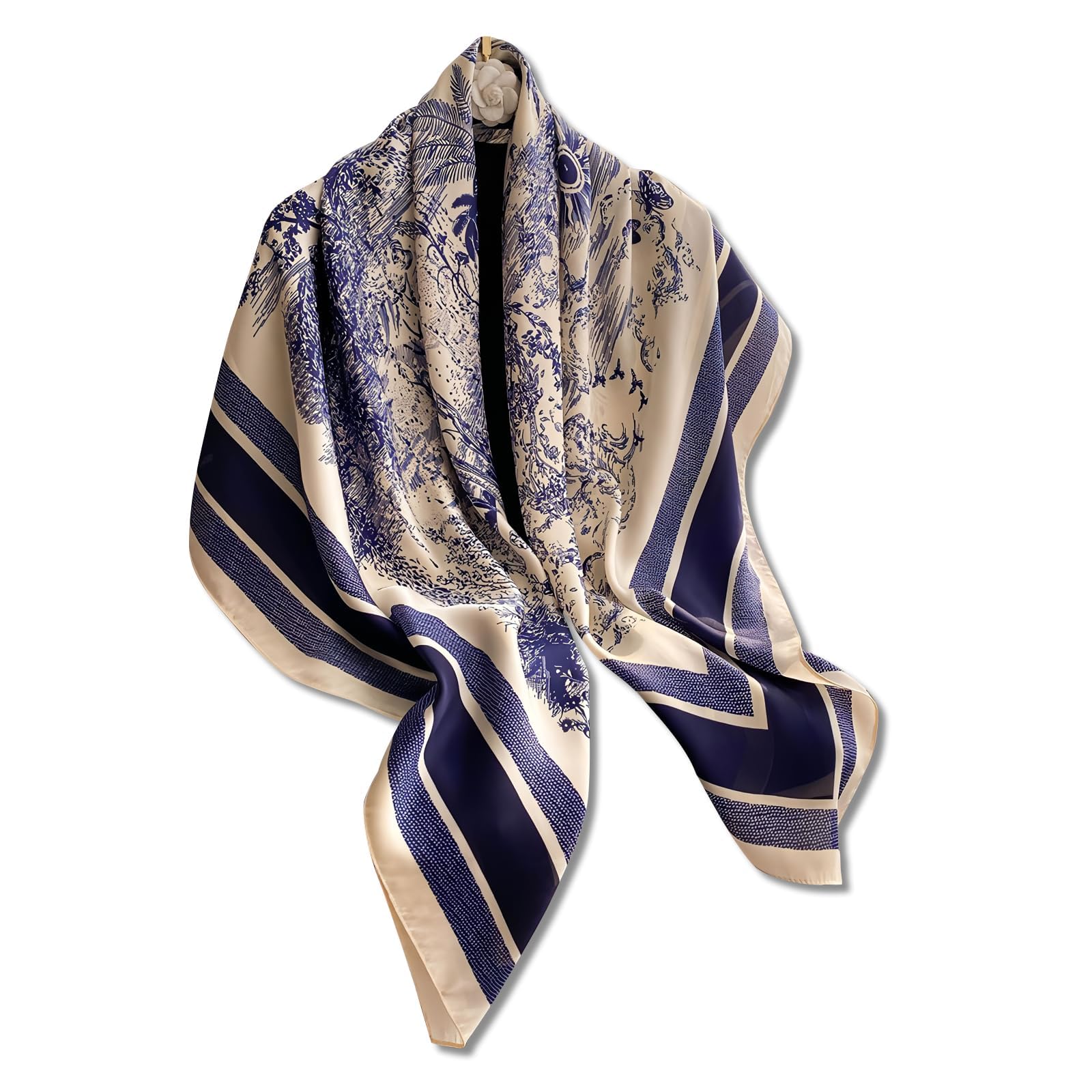 Azonee Silk Scarf Women Square Scarf with Flower Tree and Animal Print Satin Head Scarf for Neck or Hair Bandana Shawl, 110x110cm