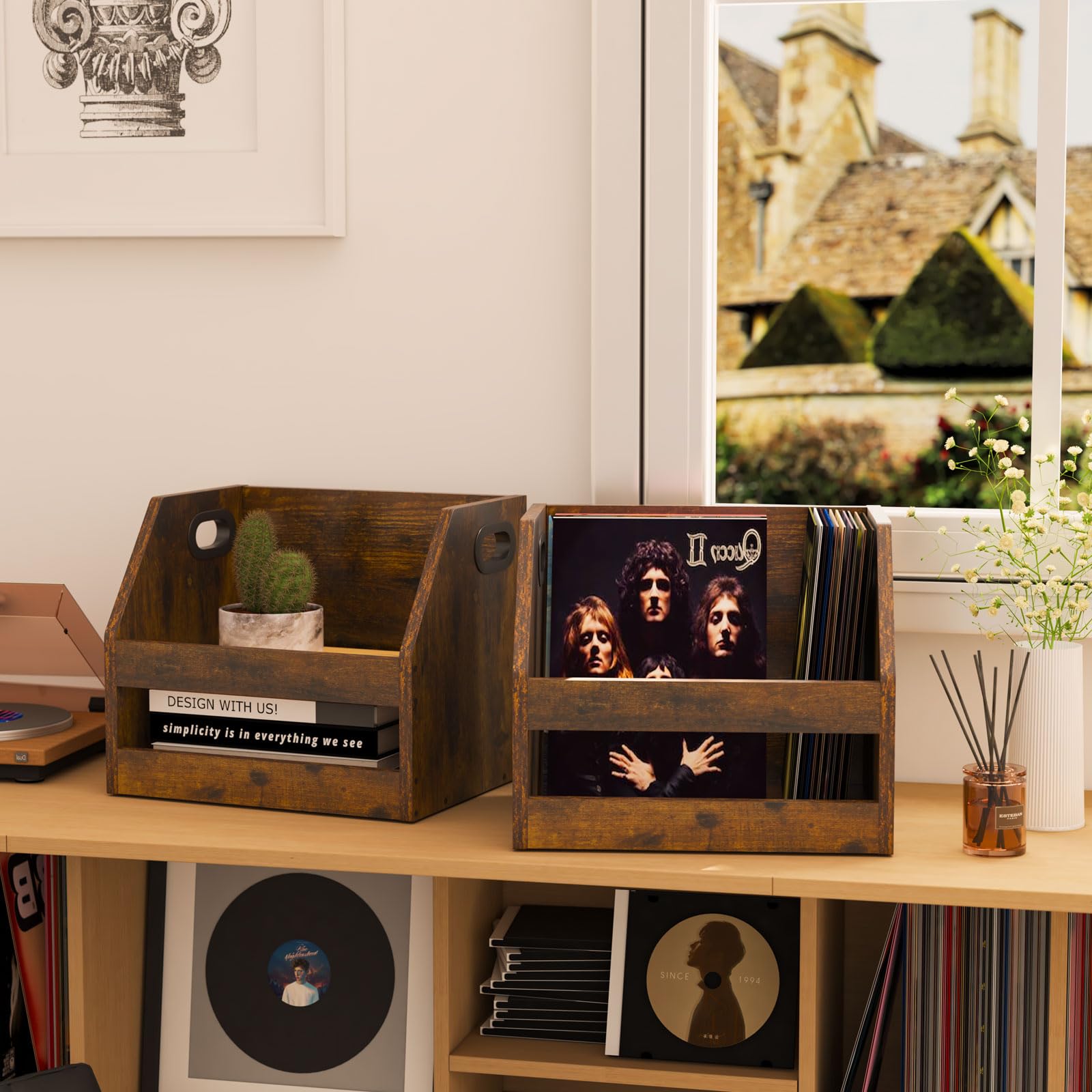YMYNY Record Opslaghouder, Vinyl Album Box Crate met Handvat, Boekenplank Desktop Organizer Trapeziumvormige LP Record voor Mappen, Boeken, Fotoalbums, Rustiek Bruin, 38×29×29CM HCD001H