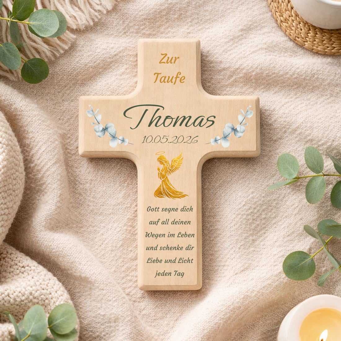 Personalisiertes Kinderkreuz zur Taufe, Kommunion & Konfirmation - Holzkreuz mit Name, Datum & Wunschtext - Christliches Kreuz für Jungen & Mädchen - Kranz Design mit Fisch, Baum oder Kreuz