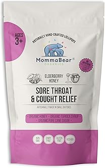 MommaBear Organics Handcrafted Kids Cough Lollipops – Natural Sore Throat Relief & Cough Drop Suckers for Kids 3+ – Elderberry Bits, Honey & Organic Flavors – Tightly Sealed for Freshness, 5pc