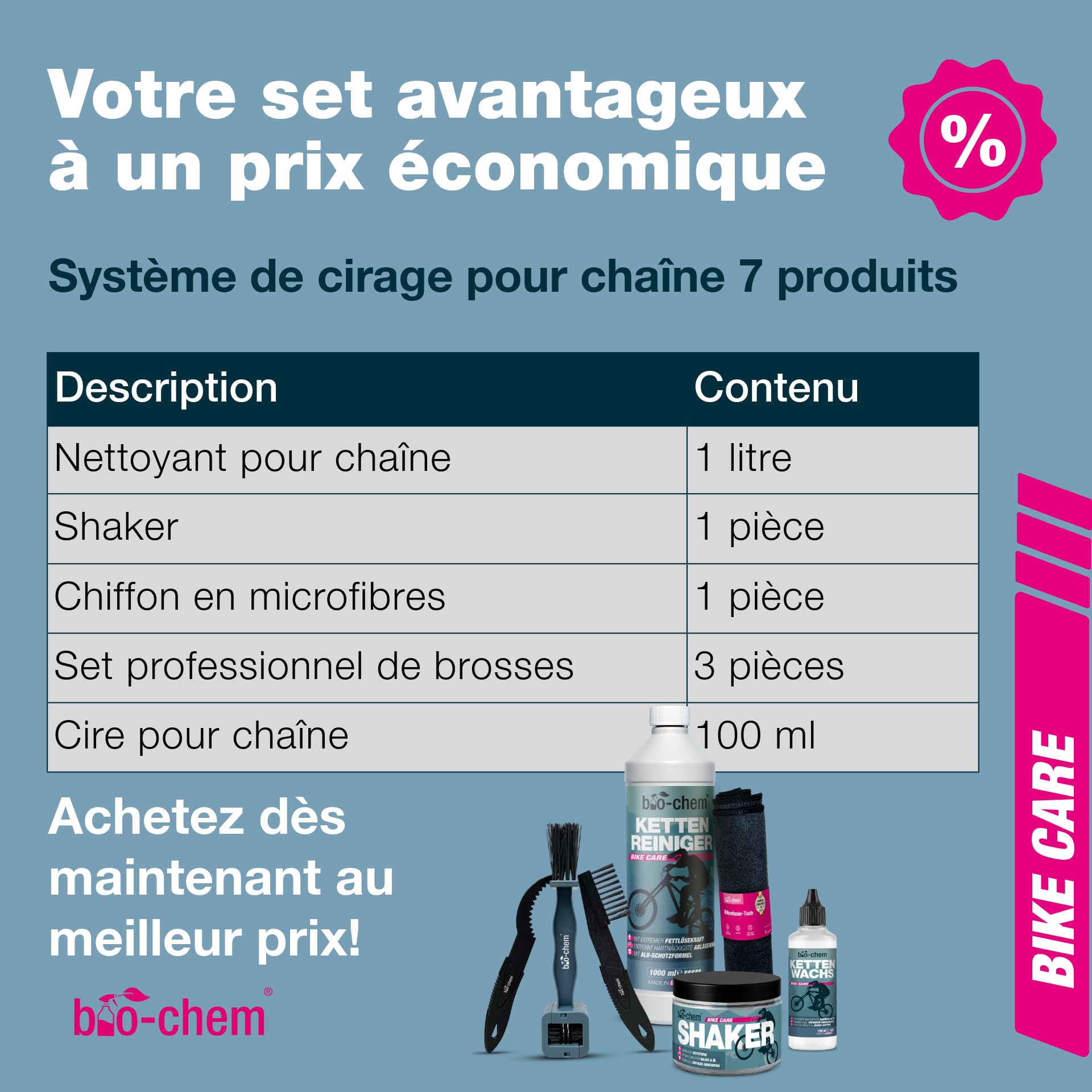 bio-chem Système de cire pour chaînes 7 produits pour vélos | Dégraissant vtt 1L - Cire pour chaine de vélo 100ml - Shaker + chiffon microfibres + set 3 brosses de nettoyage