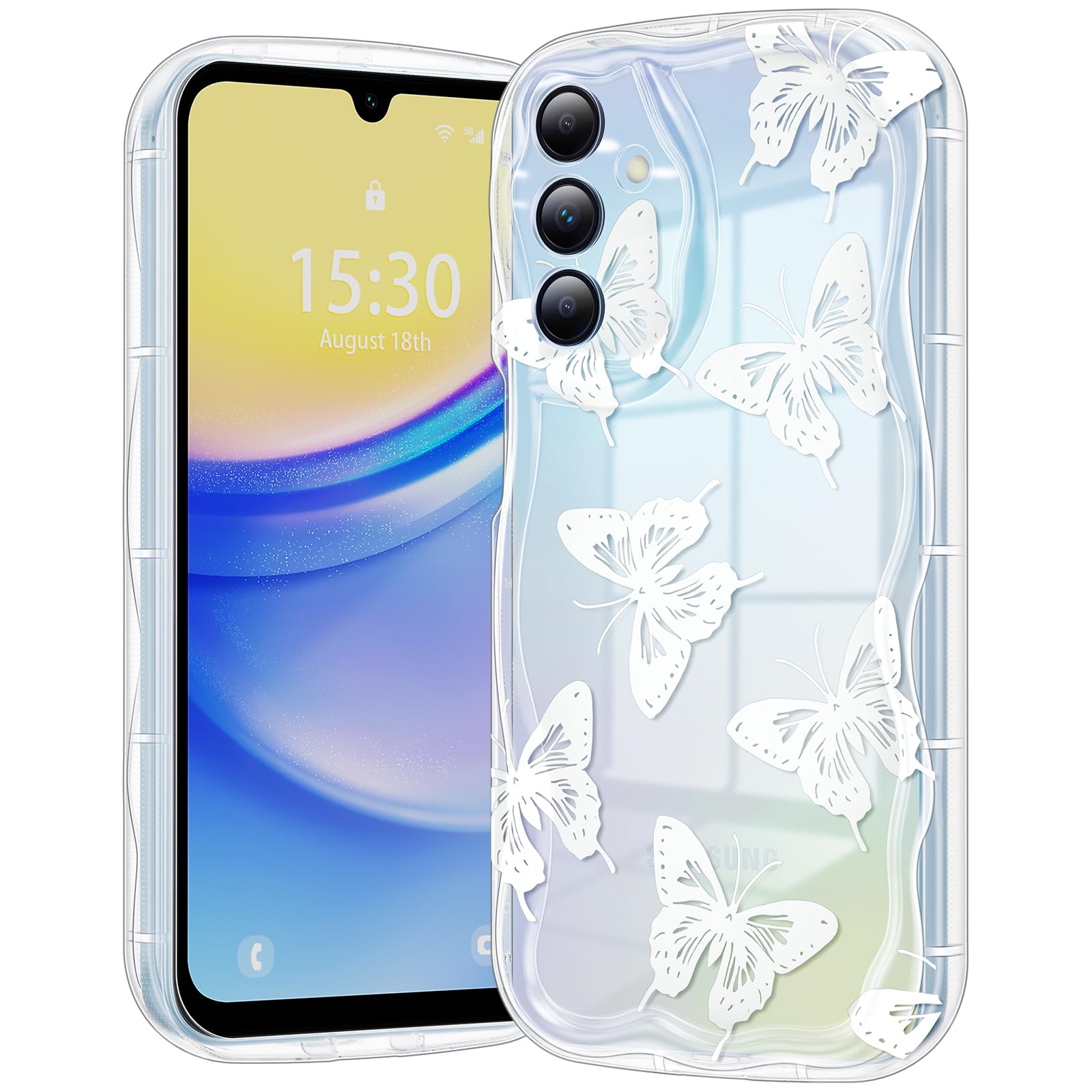 CASBST Compatible for Samsung Galaxy A15 5G Case, Pretty Butterfly Print Three-Dimensional Wave Clear Case for Girls Women, Soft Full Package
