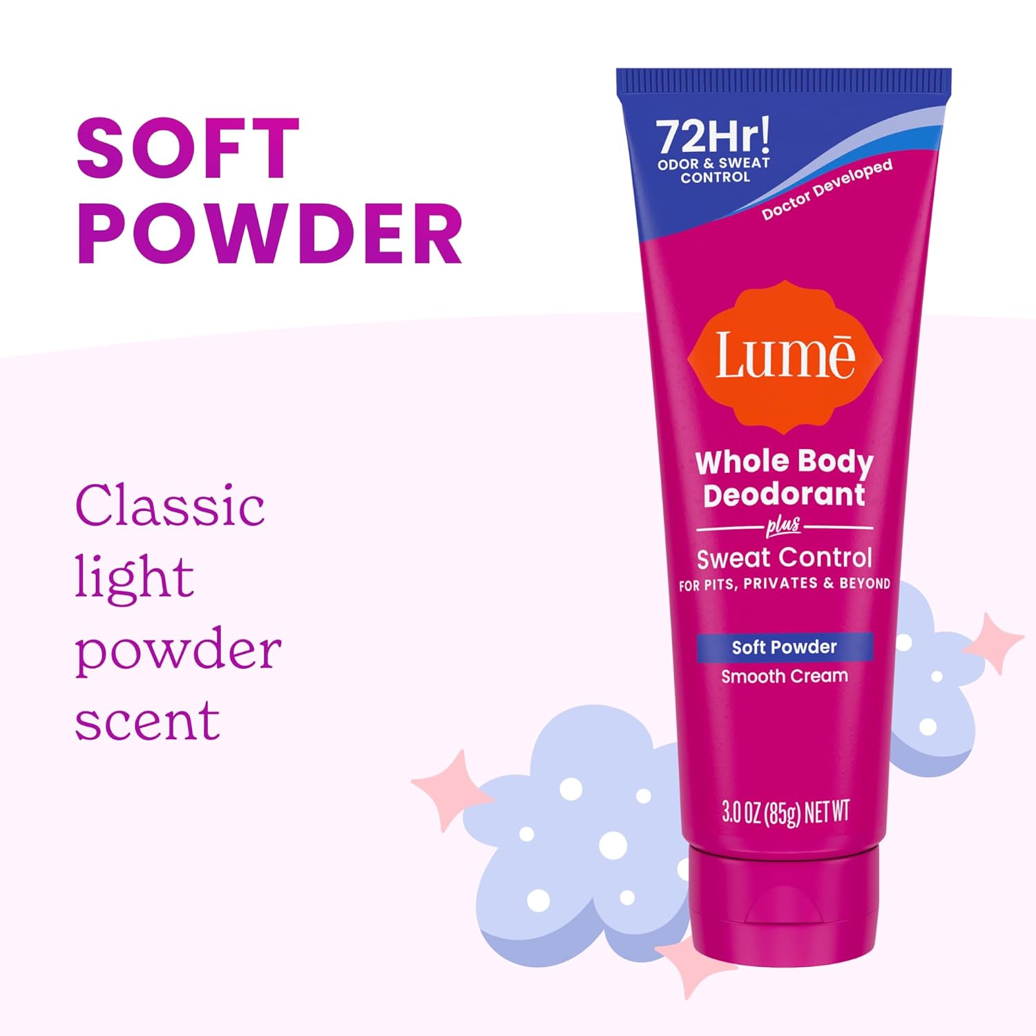 Lume Whole Body Deodorant Plus Sweat Control - Smooth Cream Tube - 72 Hour Odor And Sweat Control - Baking Soda Free, Skin Loving - 3.0 ounce (Pack of 2) (Soft Powder & Lavender Sage) - Image 7