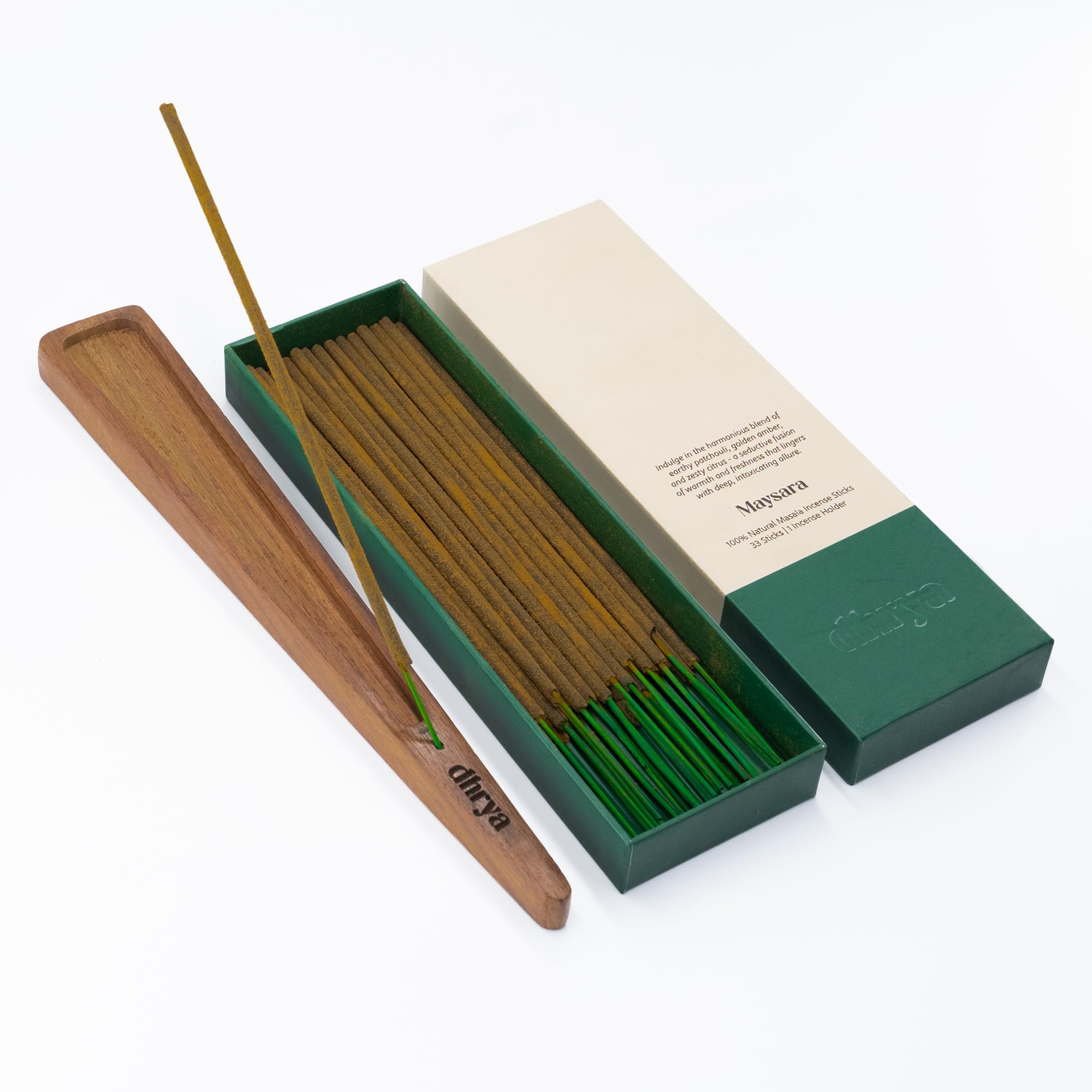 Dhrya Green Maysara Luxury Hand-Made Natural Masala Incense Sticks – Organic, Charcoal-Free Patchouli, Amber & Citrus Scent For Aromatherapy & Meditation (33 Sticks + Indian Rosewood Holder)
