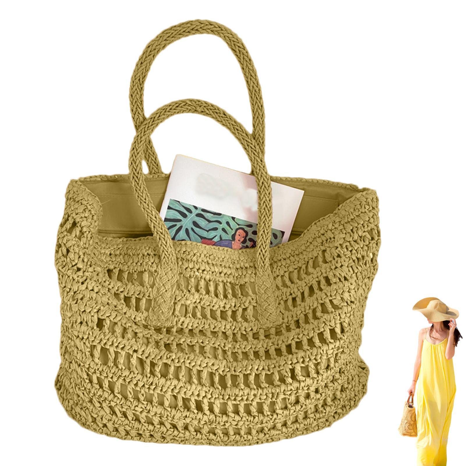 3 sztuki Duża torba ze słomy | Ręcznie tkana torba rattanowa Ręcznie wykonana torba na ramię ze słomą plażowa Summer Bag,Słomkowa torba plażowa dla kobiet, duża tkana letnia torba Torebka Torba na