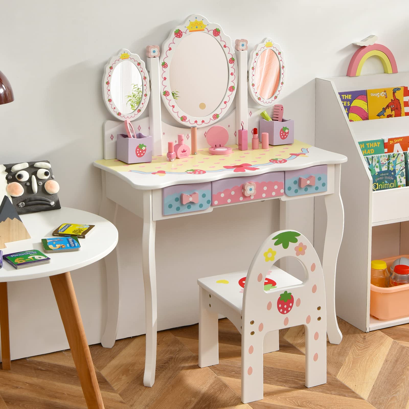 COSTWAY Coiffeuse pour Enfants de 3+ Ans, Ensemble Coiffeuse et Chaise avec Miroir Pliable à Trois Volets, 3 Tiroirs et 2 Boîte de Rangement, 70 x 34 x 105 cm, Rose…