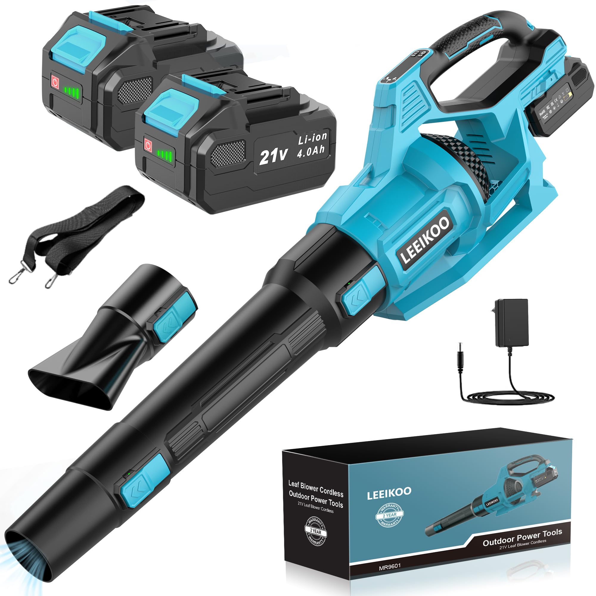 21V Battery Blower, Leaf Blower with 2 4.0Ah Battery, 3 Speed Settings, 2 Detachable Blow Tubes, Garden Cleaning Mud Belt