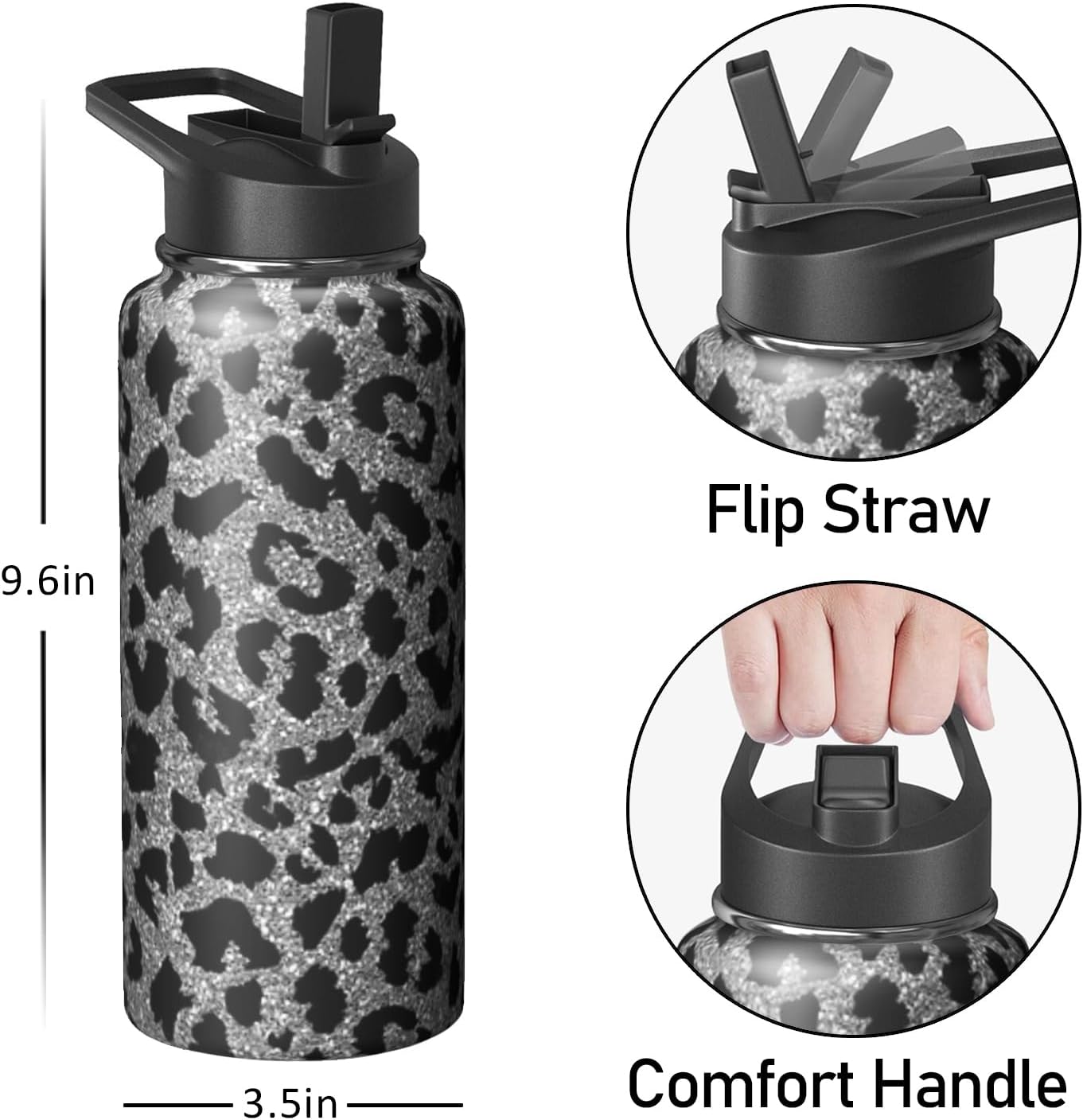32oz Leopard Water Bottle with Handle and Flip Straw, Sports Stainless Steel Insulated Cup Travel Coffee Mug Tumbler, Birthday Mothers Day Chritmas Gifts for Women - Image 2