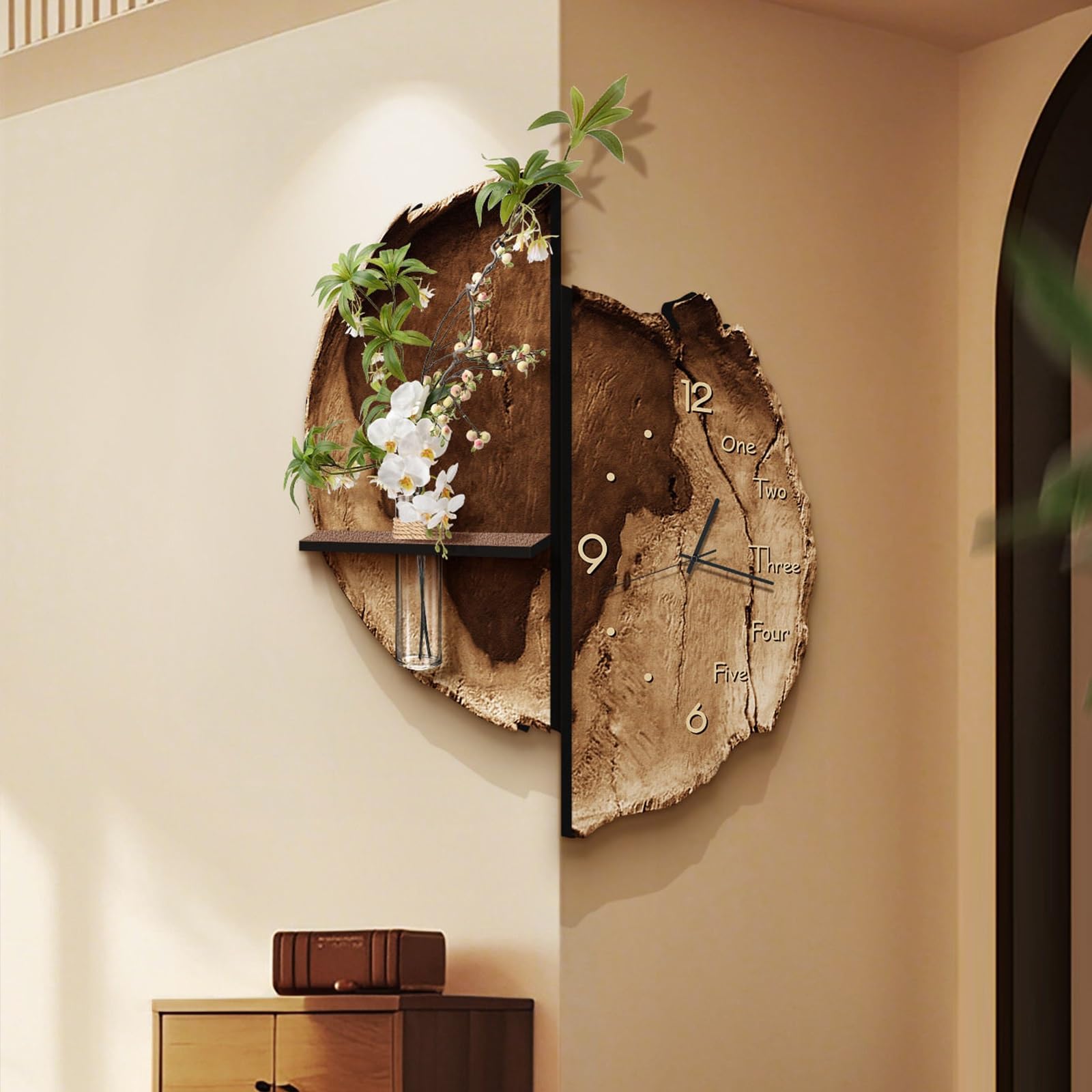 DAJIAYIQI Tree Ring Wall Art, Silent Rustic Wall Clock with Shelf & Vase, Hanging Decoration, Irregular Shape Decor, for Home Office, Living Room, Bedroom, Entryway(Style A,50cm/19.7in)