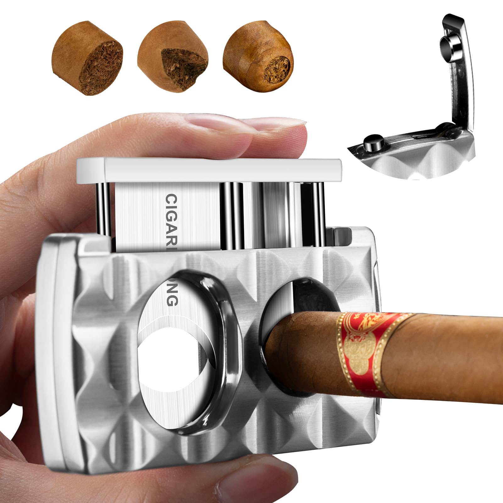 Cigar Cutter Stainless Steel Multifunctional 4-in-1,Cigar V-Cutter Double Blade Guillotine,Straight Cut&V-Cutter with Cigar Punch, Cigar Holder, Gift for Men (Silver)