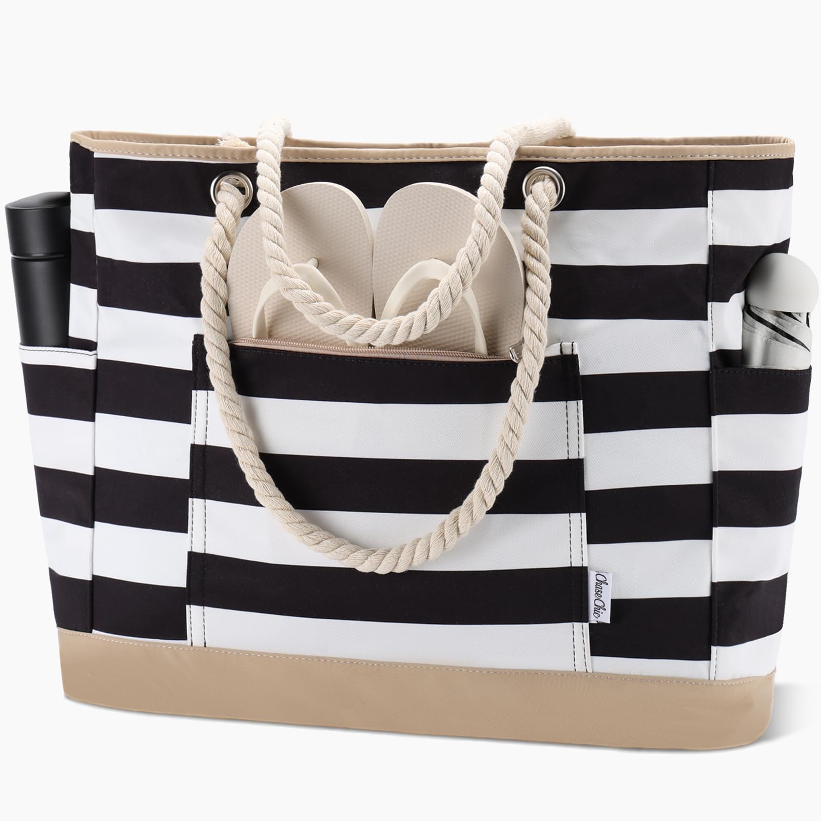 Strandtas voor Dames, Chase Chic Grote Strandtas met Meerdere Vakken en Rits voor Zomer, Zwembad, Vakantie en Reizen Blauwe strepen