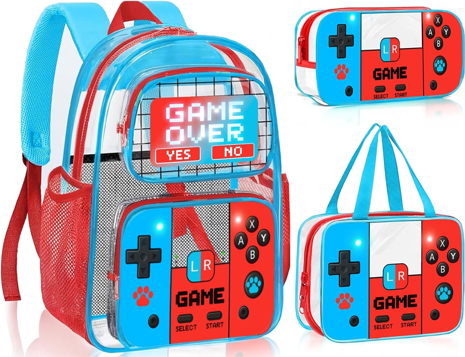 SHPMXUPW 3PCS Clear Backpack for School - Gamer Kids Clear Backpacks for Boys and Girls, Heavy Duty Transparent Bookbag with Lunch Bag and Pencil Case - See Through PVC Transparent Bookbag