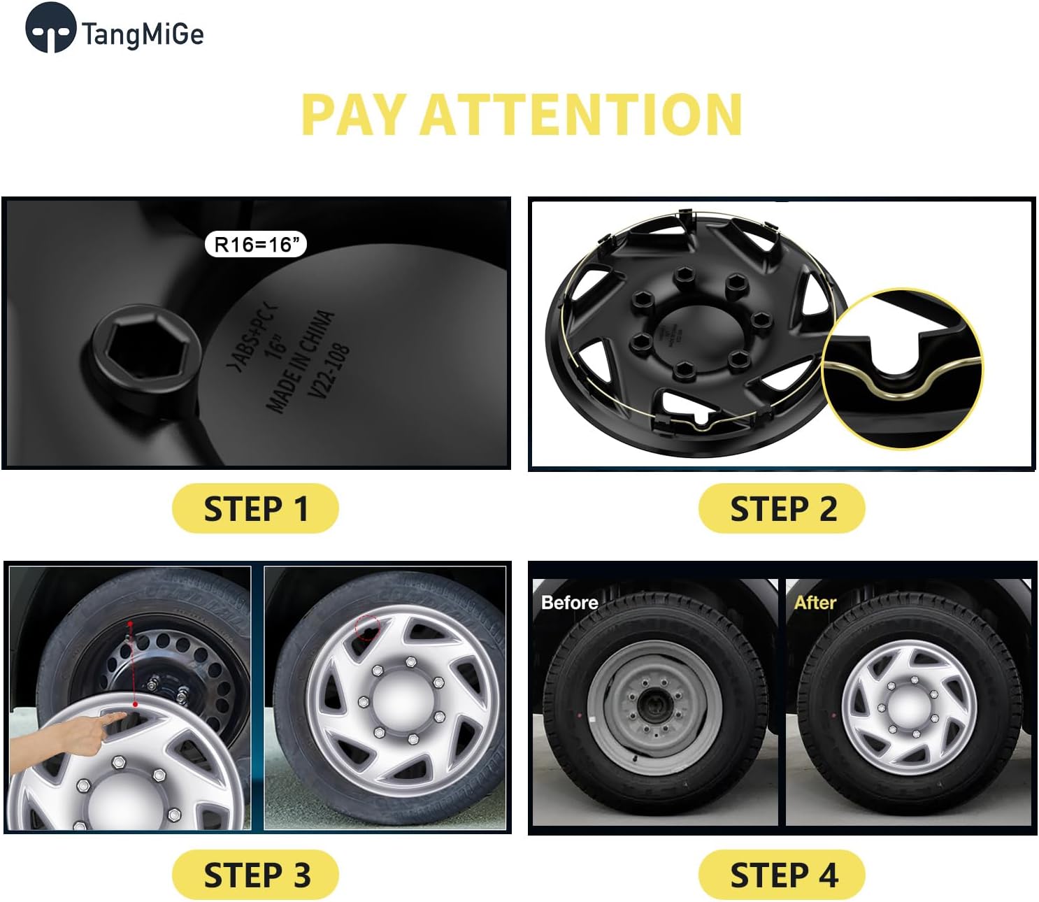 TangMiGe 4-Pack Hubcaps Compatible with Ford Van 1998-2023: Ford Truck-MTD E250 / E350 / E450 / E550 2008-2023, Ford Econoline 1998-2014; 16 inch 16" Wheel Covers (Silver Color)