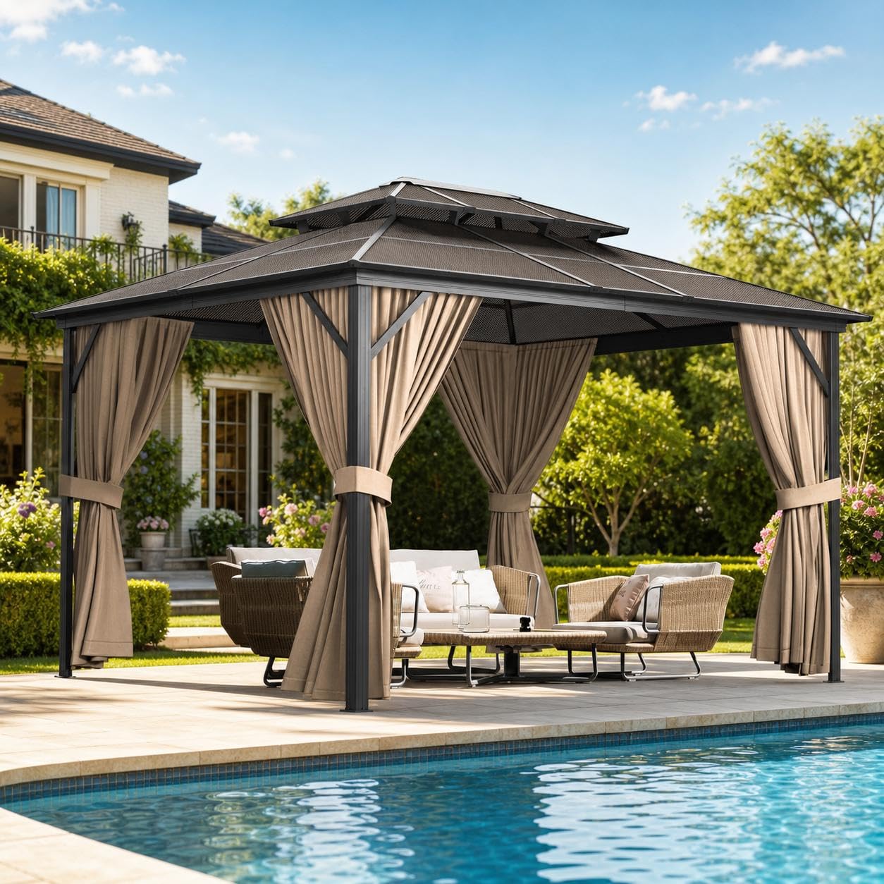 Photo 1 of 10'X13' Hardtop Gazebo, Double Polycarbonate Roof, All-Weather Heavy-Duty Aluminum Frame, Netting & Curtains, Permanent Outdoor Pavilion for Patio, Garden, Lawn, Khaki