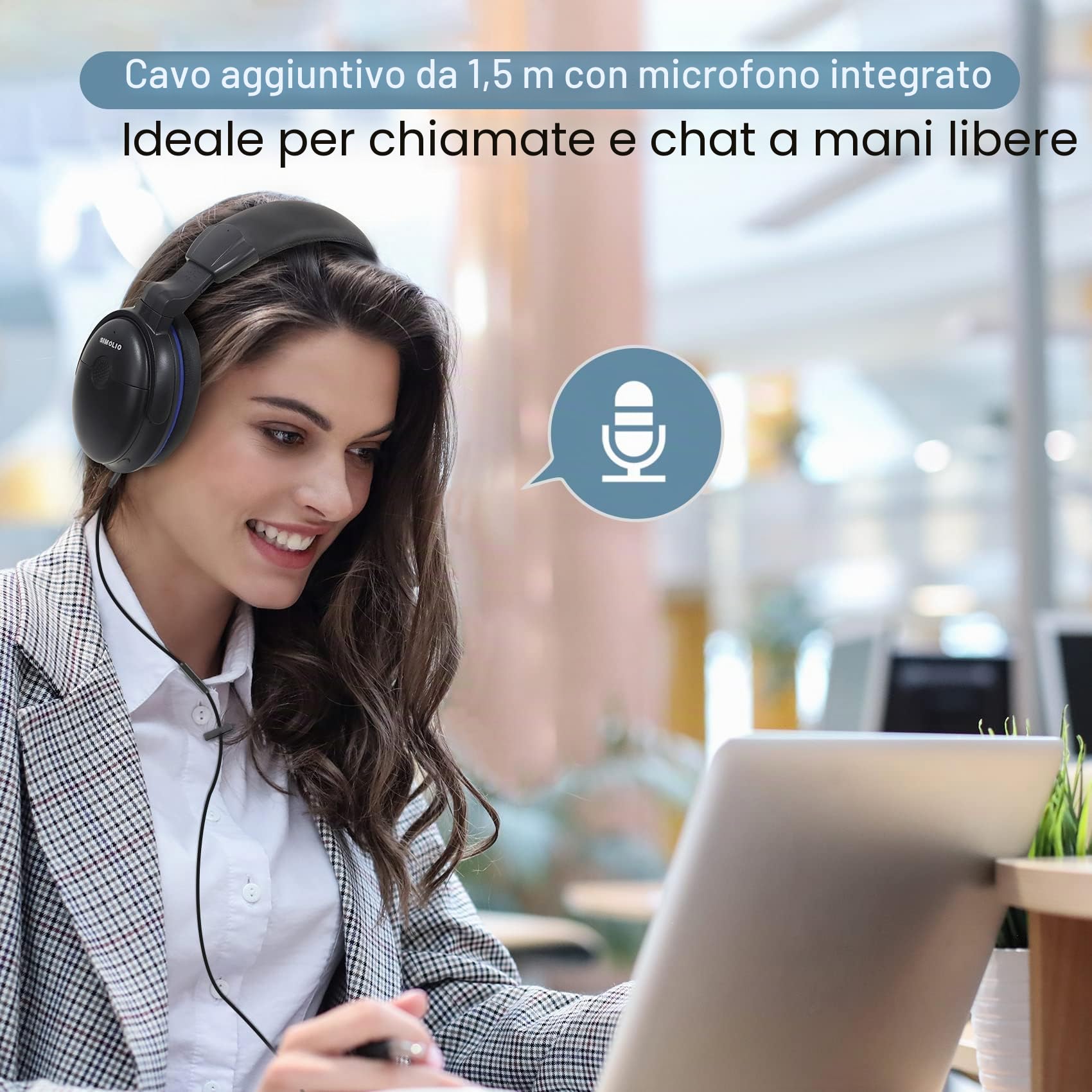 SIMOLIO Cuffie con cavo extra lungo per TV con volume amplificato e dialogo chiaro, cavo a bobina lungo 5,5 m, cuffie over-ear cablate per TV per anziani con controllo del volume e clip, 40 ore di