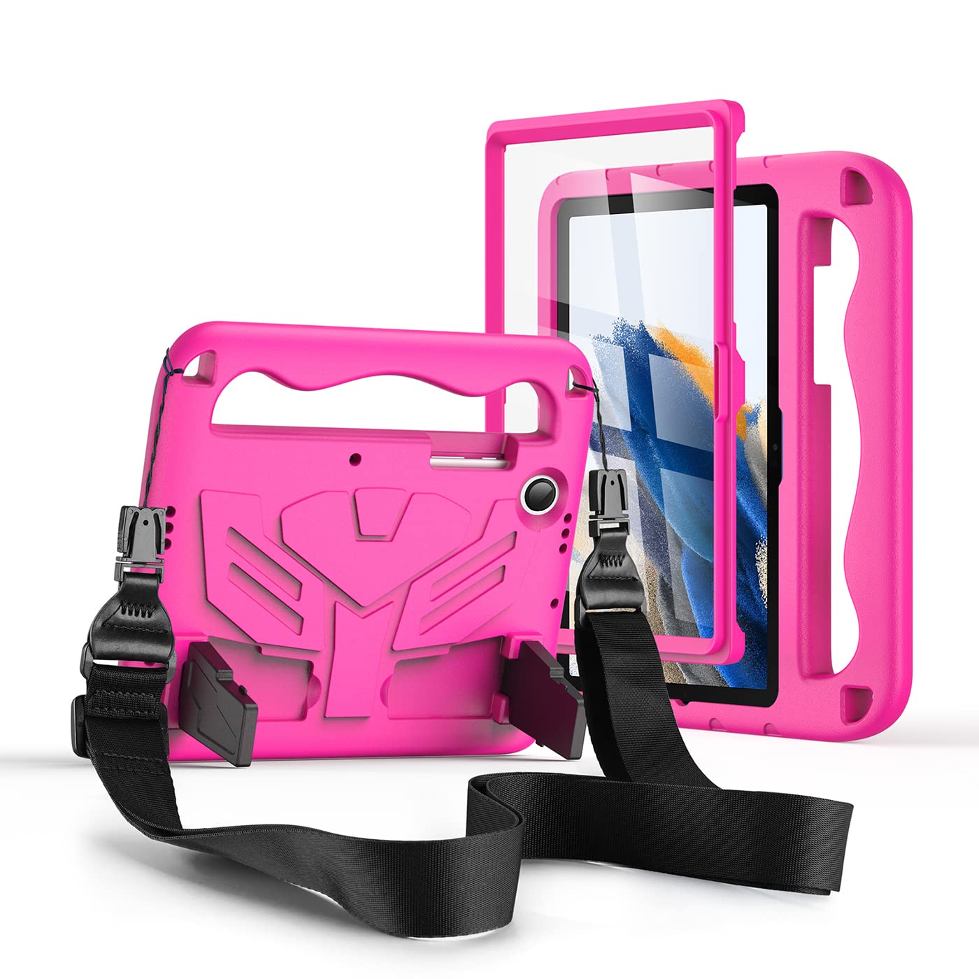 Funda Niños para Samsung Galaxy Tab A8 10,5 Pulgadas (SM-X200/X205/X207) con Protector de Pantalla Incorporado, Asa Infantil y Correa de Hombro, Funda Infantil Antichoque, Magenta