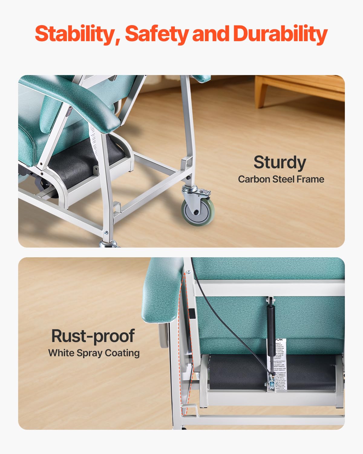 VEVOR Fauteuil Inclinable Gériatrique 4 Positions, Fauteuil Inclinable Médical Trendelenburg avec 4 Roues, Siège Rembourré, 2 Plateaux, pour Hôpitaux, Maisons de Retraite, Soins Gériatriques Domicile
