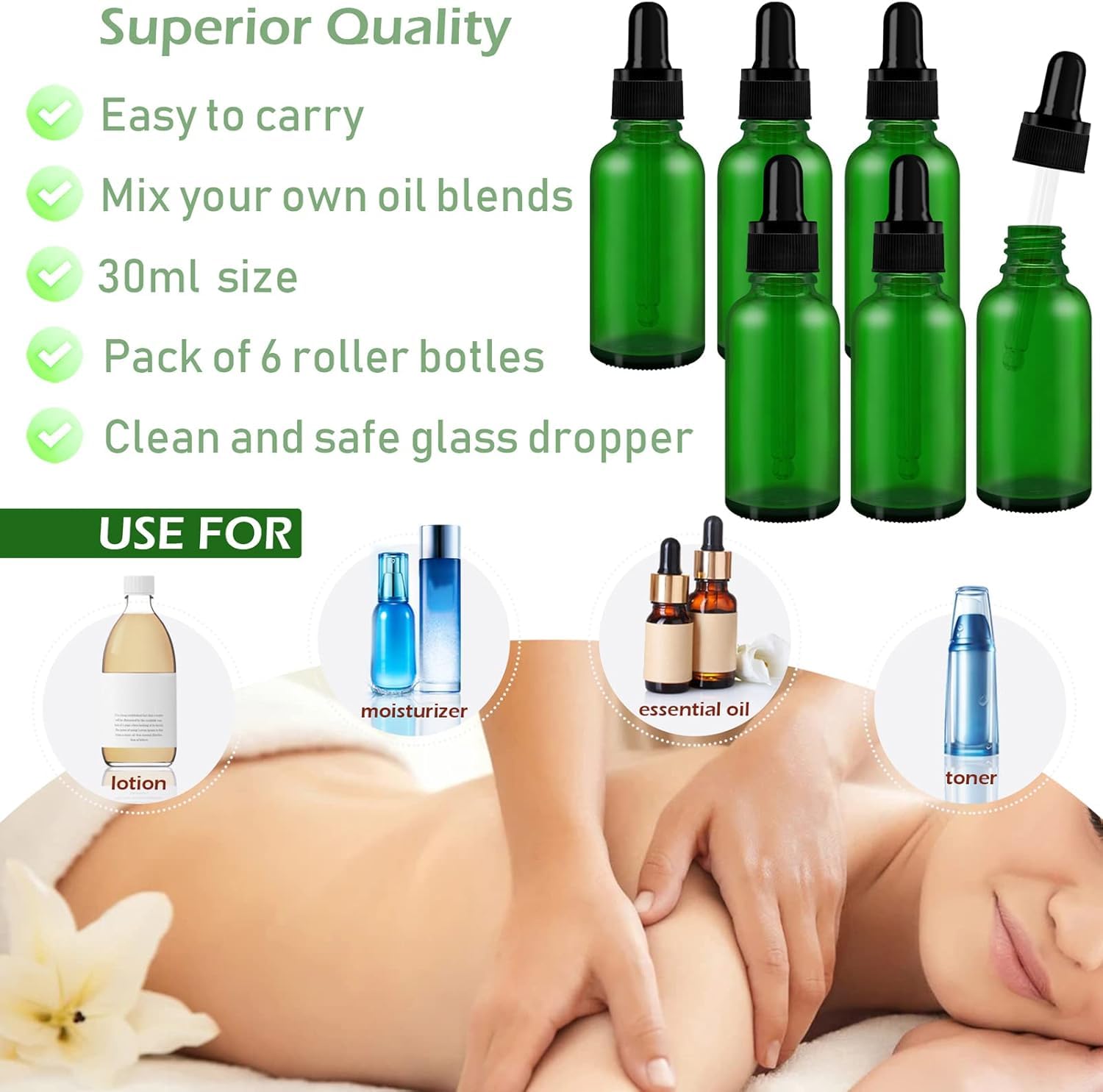 AMJKEJI Butelki z pipetą 30 ml, butelka z lejkiem do pipety, butelka perfum z zakraplaczem, szklany zakraplacz do olejków eterycznych, perfum, aromaterapia, zielone, 12 sztuk