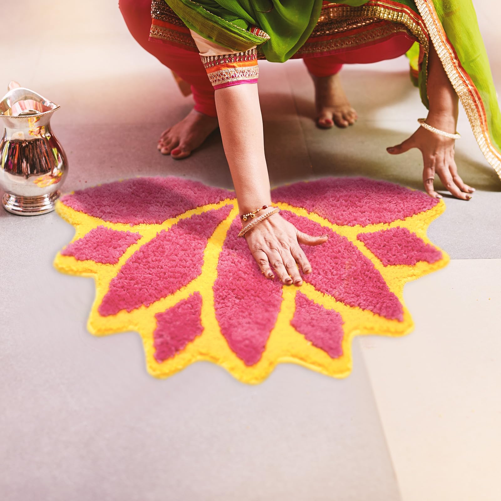 24in Diwali Decorations for Home Floral Rangoli Mat Indian Diwali Lotus Decor Pooja Floral Housewarming Floor Decor Reusable Rangoli Mat for Indian Traditional Pooja Festival New Year Entrance Gift
