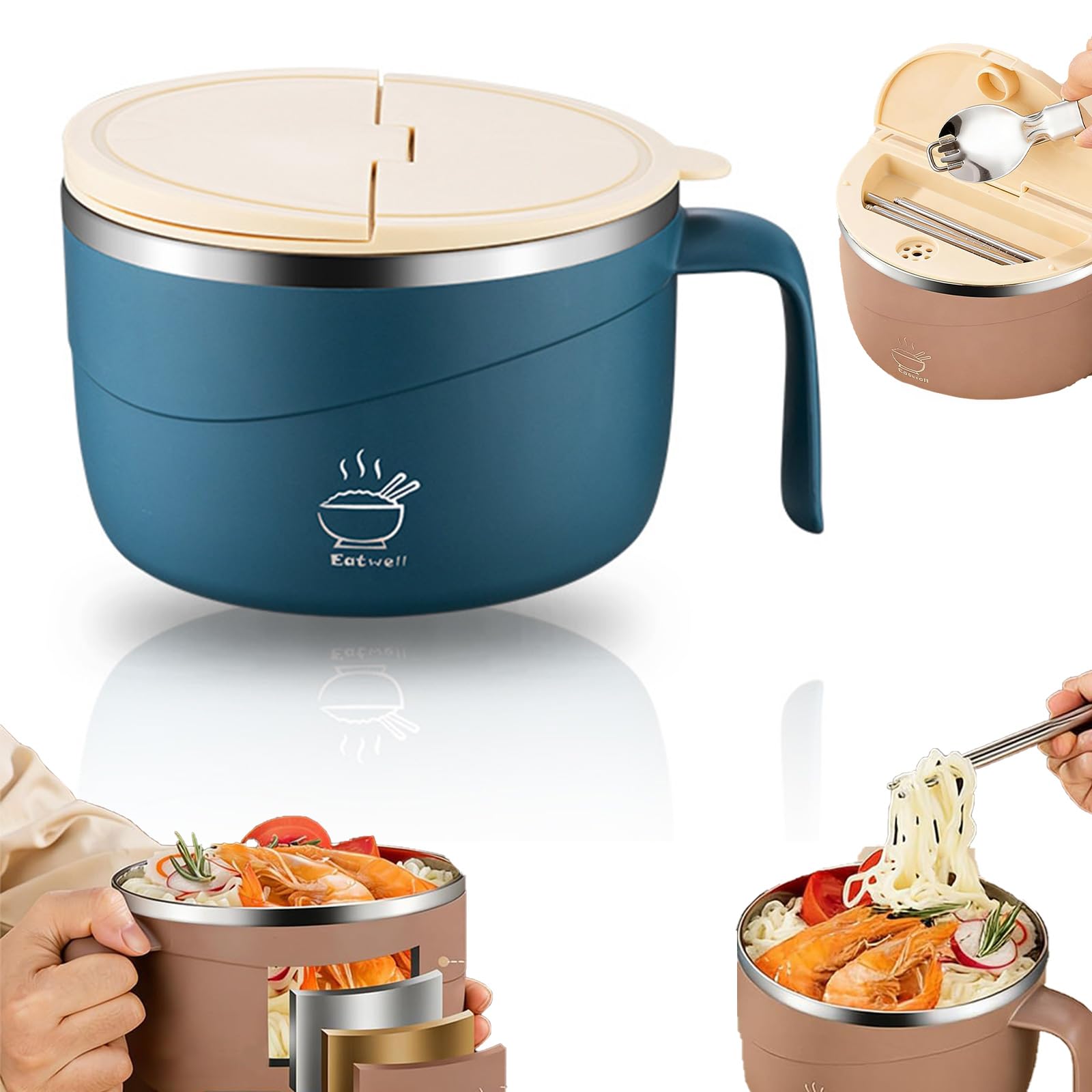304 Stainless Steel Instant Noodle Bowl with Lid, 1200ML Double-Layer Thermal Insulation Instant Noodle Bowl, Heat Resistant Soup Bowl with Handles, Spoon & Chopsticks, Lunch Box for Kitchen (Blue)