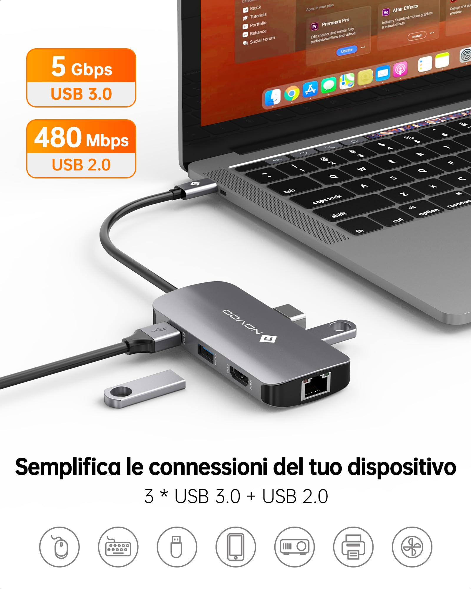 Hub USB C, NOVOO 7 in 1 multiporta Adattatore da HDMI 4K, Ethernet RJ45, 3 USB 3.0 & USB 2.0, tipo C 100W PD Docking Station Compatibile con MacBook Pro/Air,Surface Pro/Go,Pad Pro/Air,Dell,HP