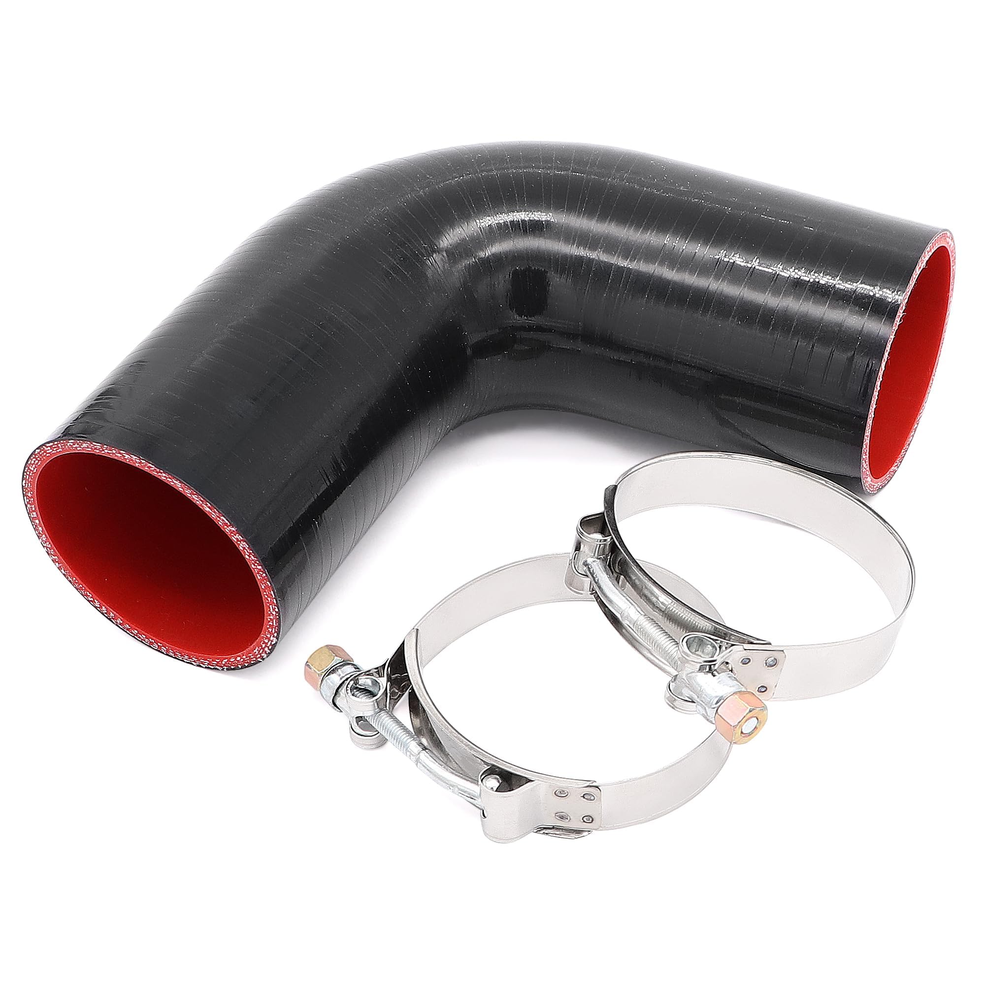 Łącznik kolanowy 90 stopni wąż silikonowy 4-warstwowy 70 mm do rur turbo/intercoolera/dolotowych, długość 102 mm grubość 5 mm z zaciskiem śrubowym w kształcie litery T