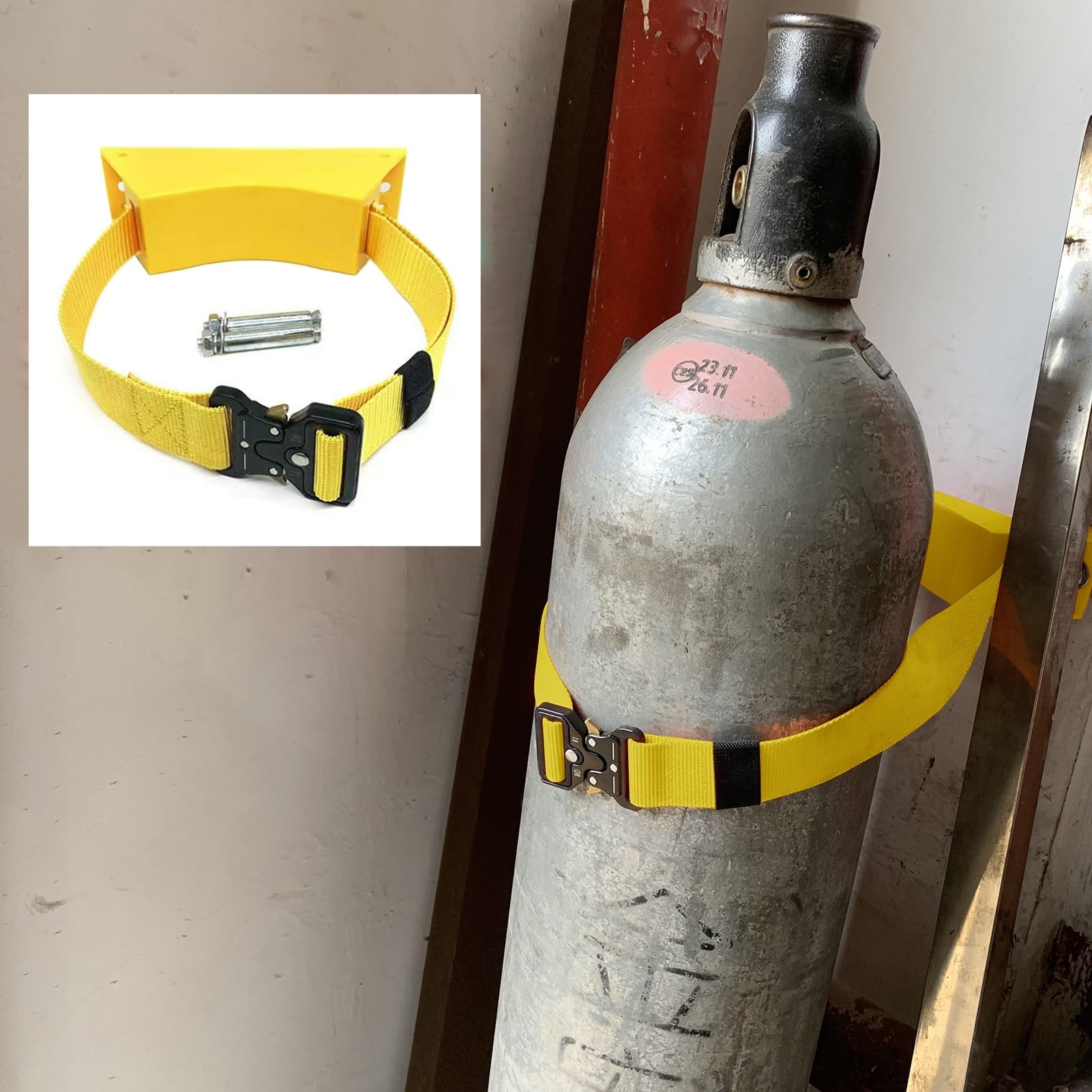 OWOHYG Wall Mounted Oxygen Tank Holder-Durable Plastic Rack With Safety Buckles For Propane,Nitrogen,Argon-Secure Cylinder Storage Solution.Yellow-2pcs