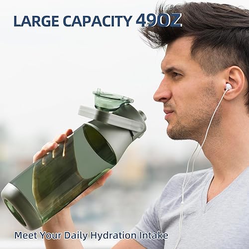Miniatura 7 de Botella de agua de 49 onzas con tapa de boquilla de flujo rápido, botella de agua deportiva motivacional con asa, sin BPA, boca ancha a prueba de