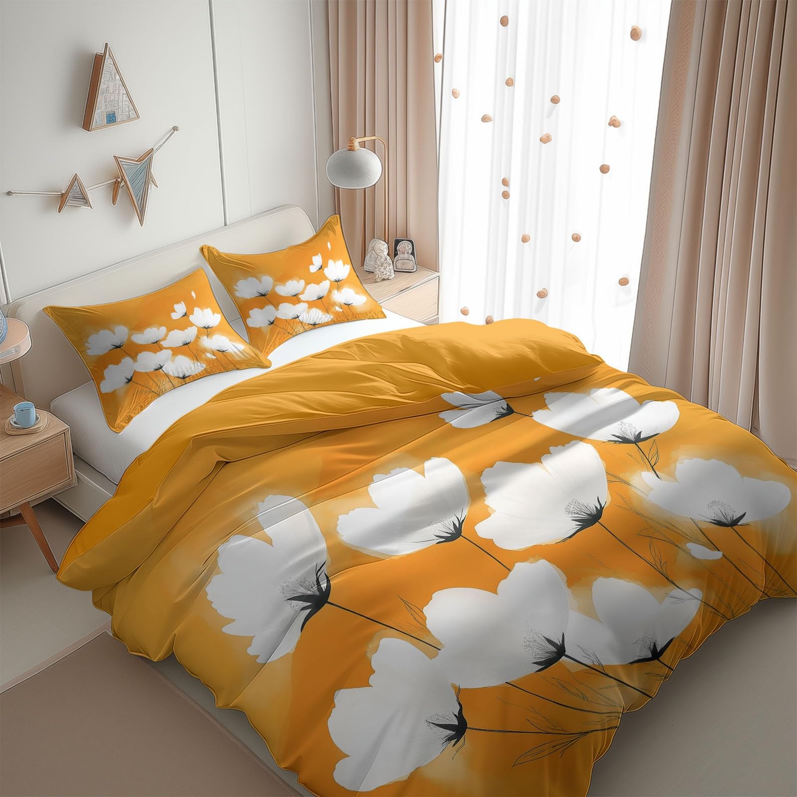 Orange Duvet Cover Queen Size for Kids Teen Floral Pattern White Print Bedding Sets with 2 Pillowcase, Reversible Super Soft Bedroom Decor Bed Cover 3 Piece for Boys Girls