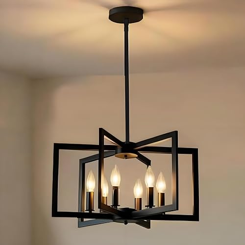 XOFUGEM Modern 6-Light Black Chandelier, 6-Light Farmhouse Ceiling Light Fixture