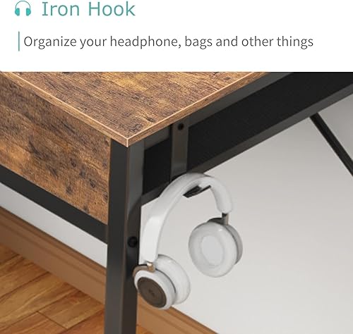 Miniatura 7 de Lufeiya - Escritorio pequeño para computadora para dormitorio, oficina en casa, 2 cajones de tela de almacenamiento y bolsa, mesa de estudio para