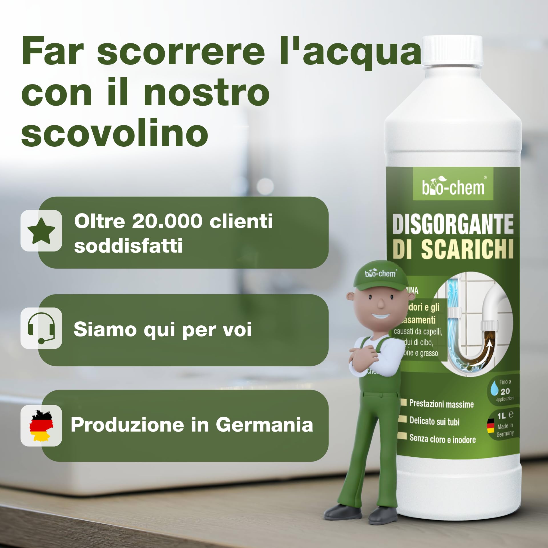 Bio-Chem – Disgorgante professionale per scarichi liquido 2L contro capelli e residui, efficace anche con acqua stagnante, formula concentrata fino a 20 utilizzi