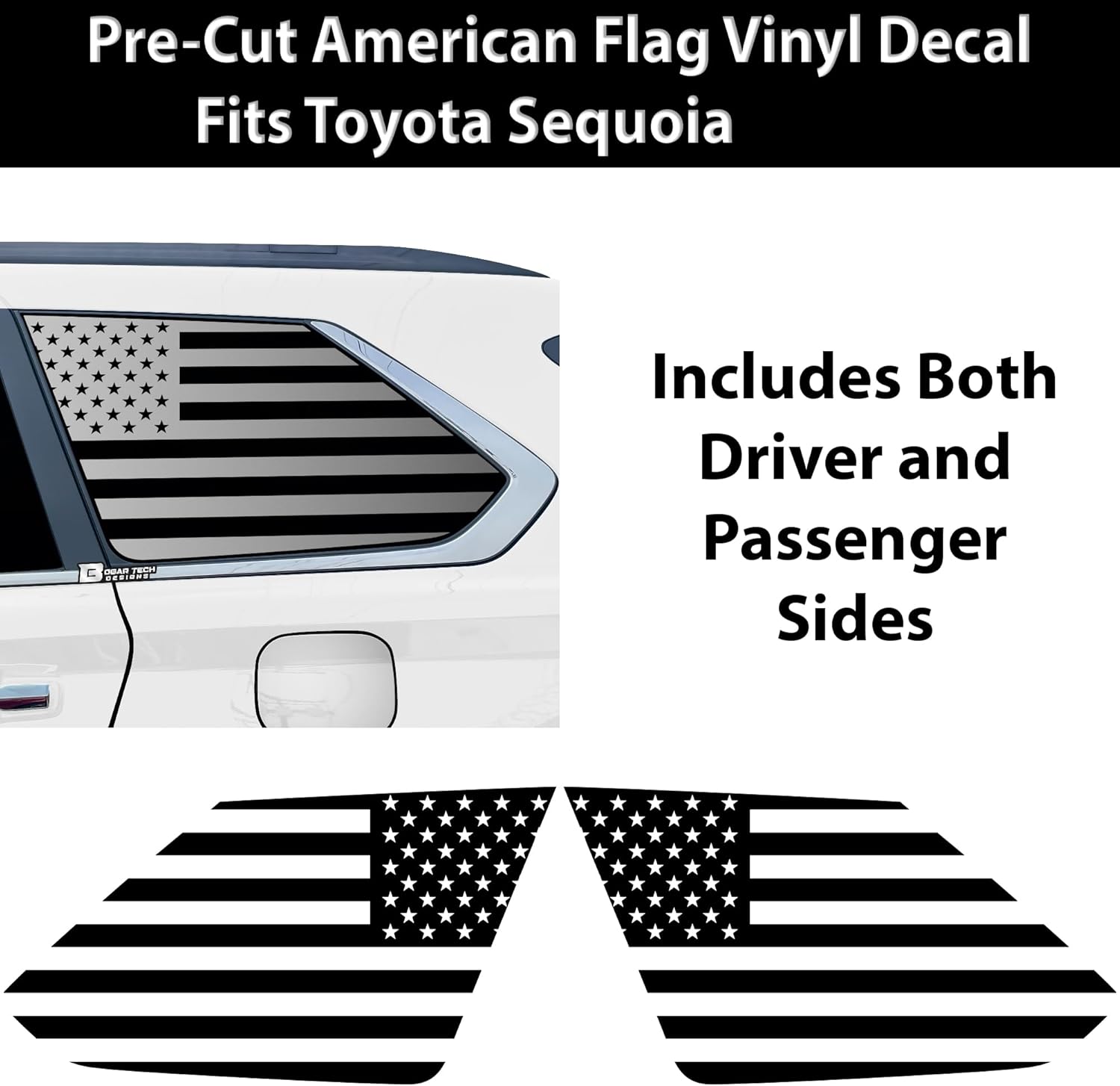BOGAR TECH DESIGNS Precut Quarter Window American Flag Vinyl Decal Sticker Fits Toyota Sequoia 2023-2026, Matte Black