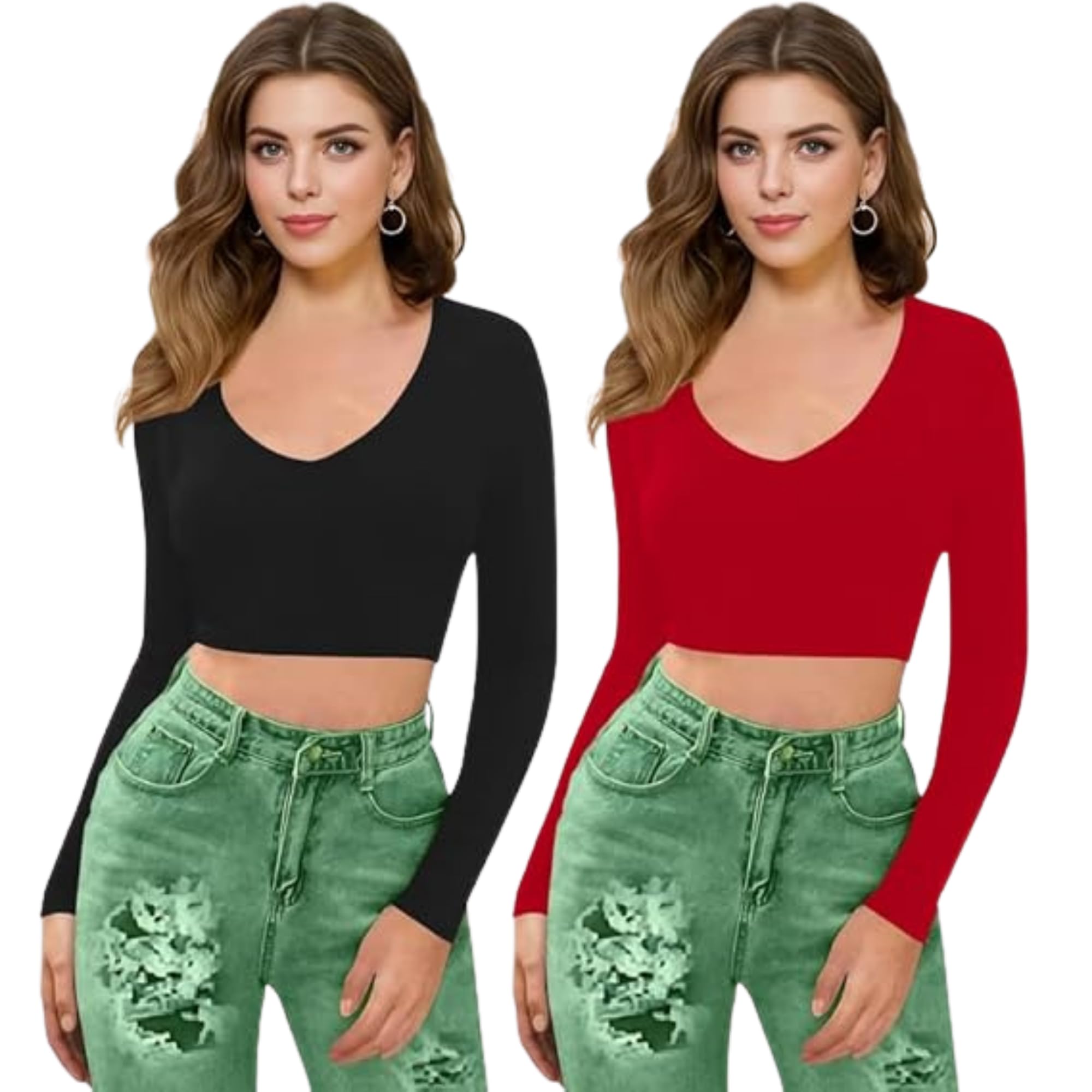 navyankaa Casual Polyester Blend V Neck Regular Long Sleeves Styalish Solid Crop Top (Pack of 2) Combo-Baati-P-picture-12