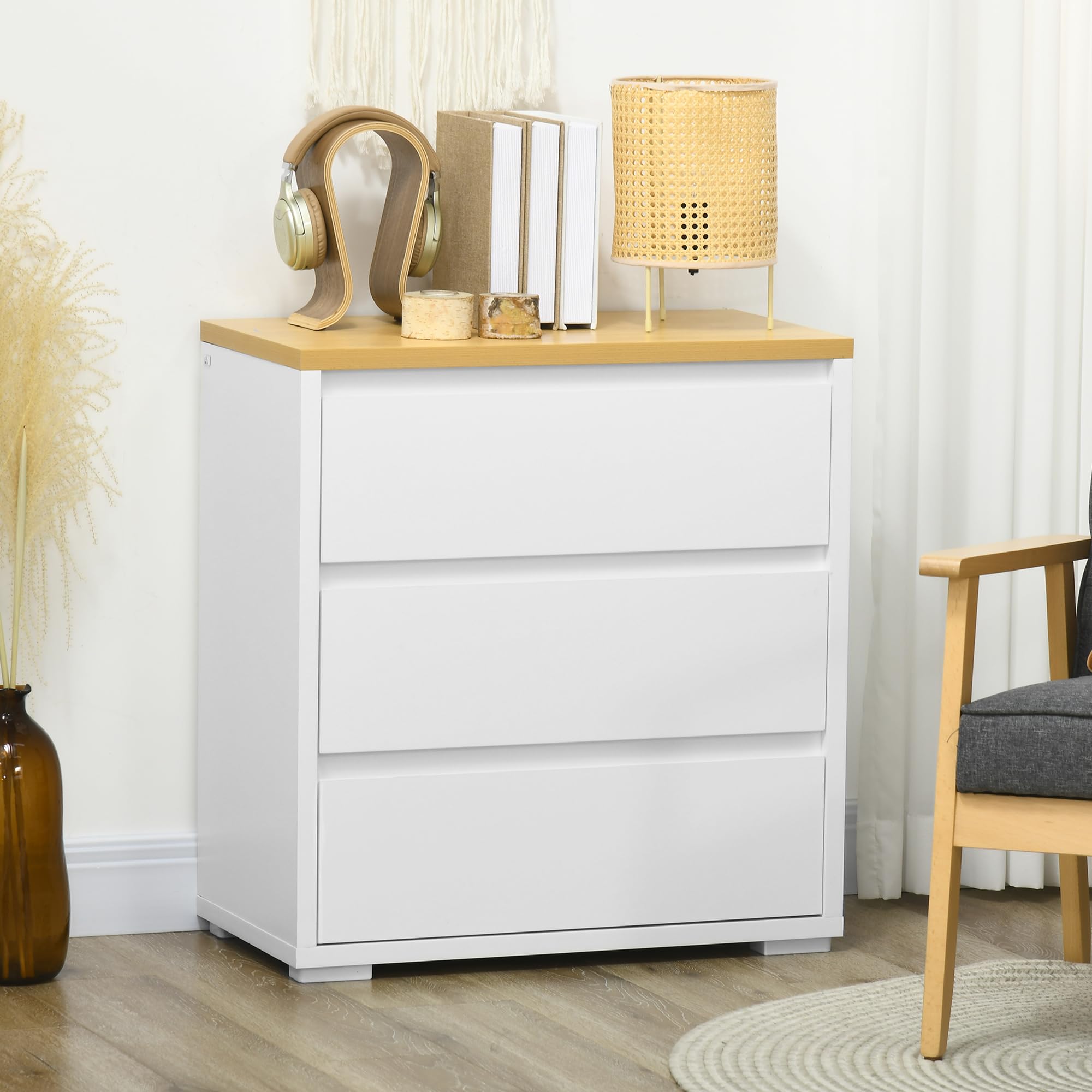 HOMCOM Cómoda 3 Cajones, Cómoda Dormitorio sin Tiradores, Cajonera para Salón, Oficina, Estilo Moderno, 70x37x75 cm, Blanco