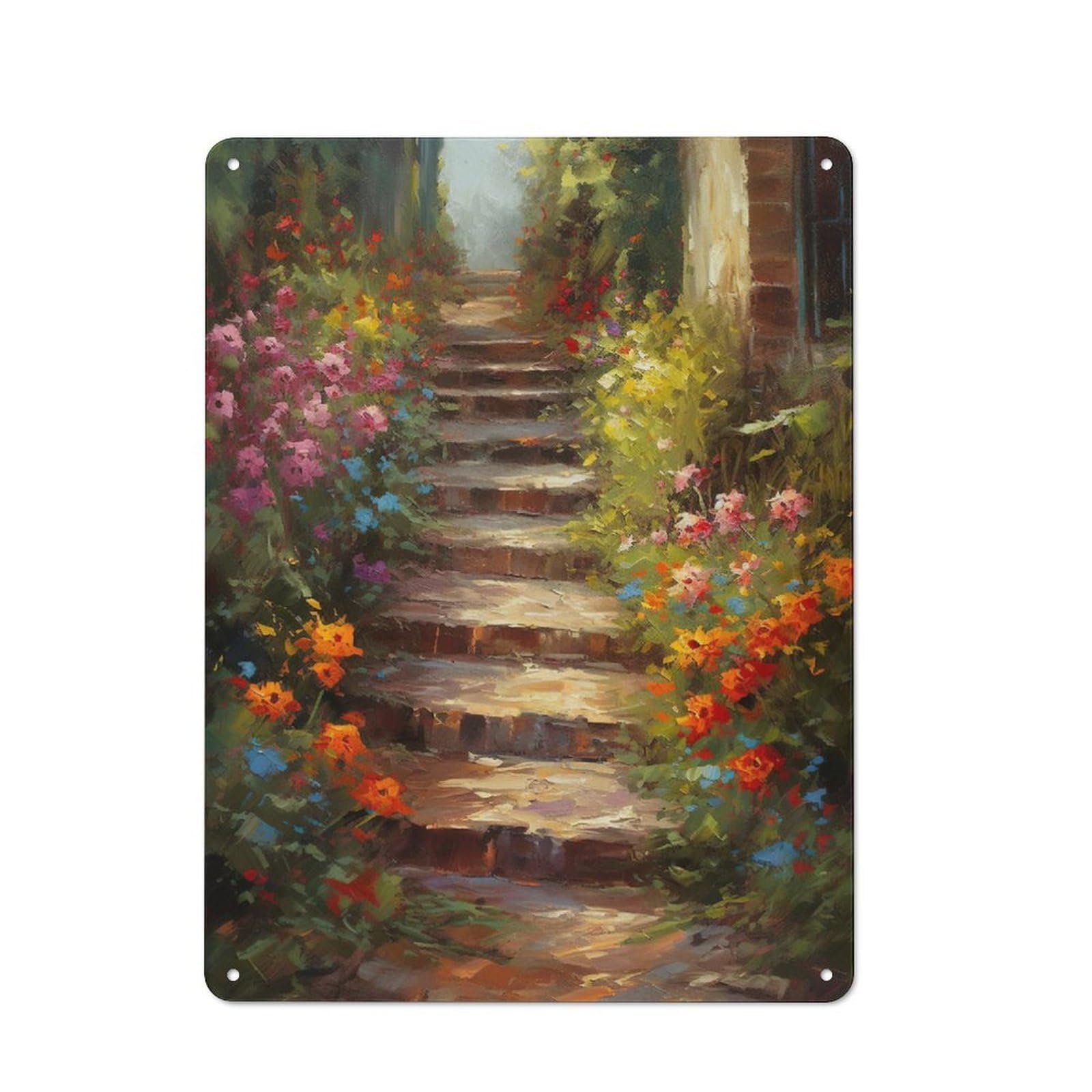Junmoney Brick Path With Flowers Metal Plaque 40X30cm With For Hallway Wall, Retro Decor, For Wall Display Collectors