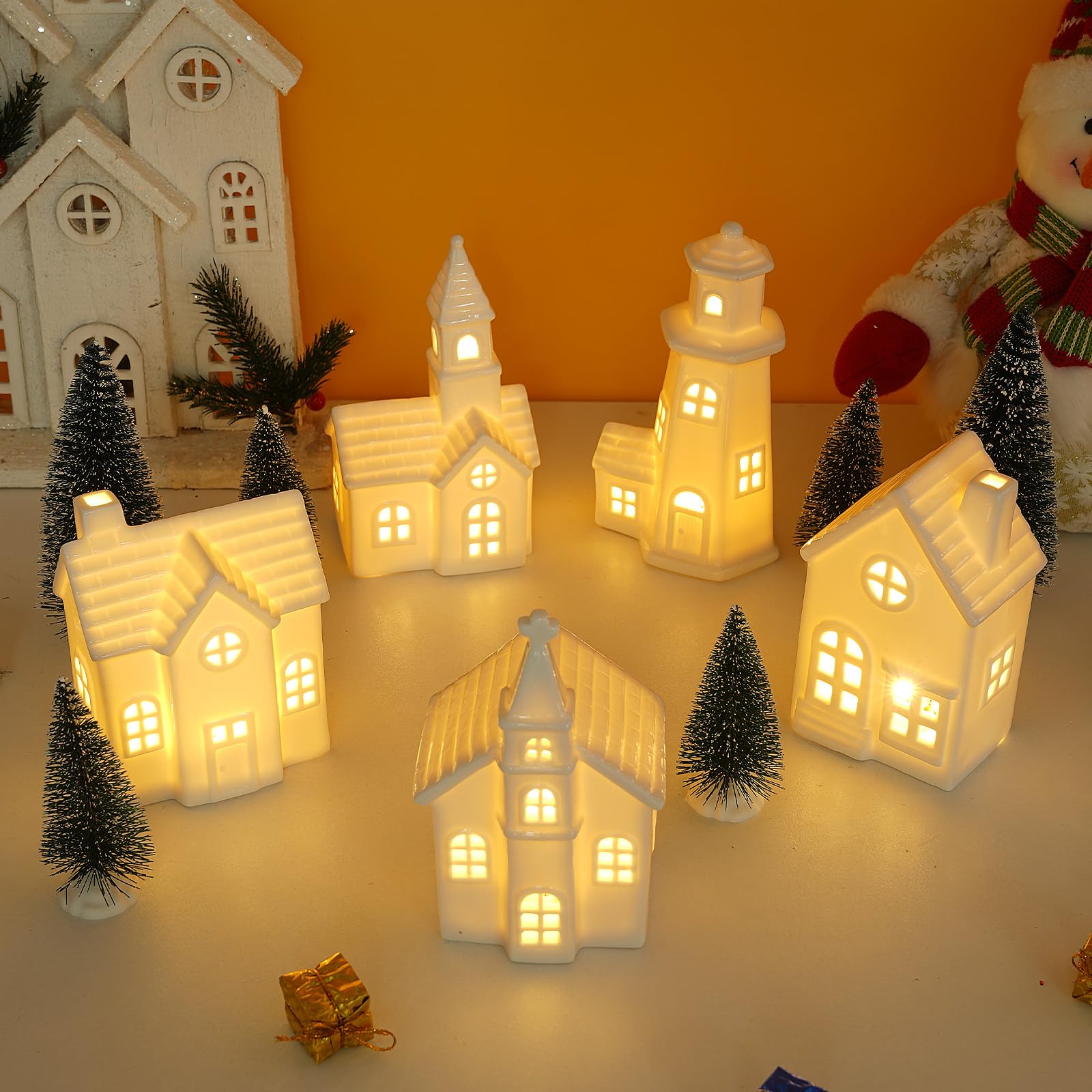 Weihnachtsdorfhäuser aus Keramik, beleuchtetes Weihnachtsdorf-Set mit Timer, Porzellan, Weihnachtsdorf-Sets, Keramikhäuser und Dörfer für Weihnachtsfiguren, Heimdekoration, 11 Stück